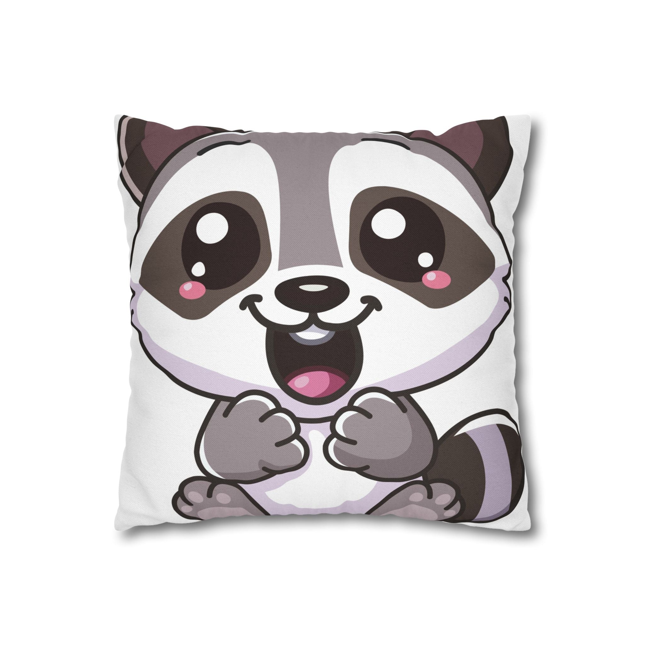 Kawaii Blushing Raccoon Square Pillowcase, Spun Polyester Decorative Pillow Cover
