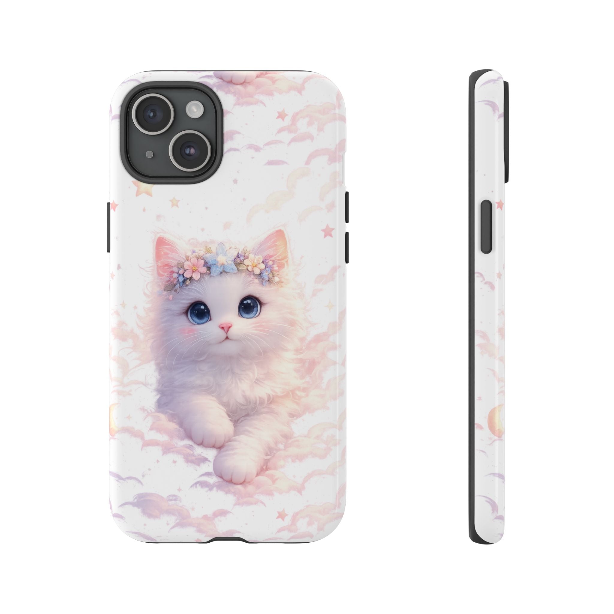 Cute Crowned Kitten Phone Case — Pastel Cloud & Star Protective Case