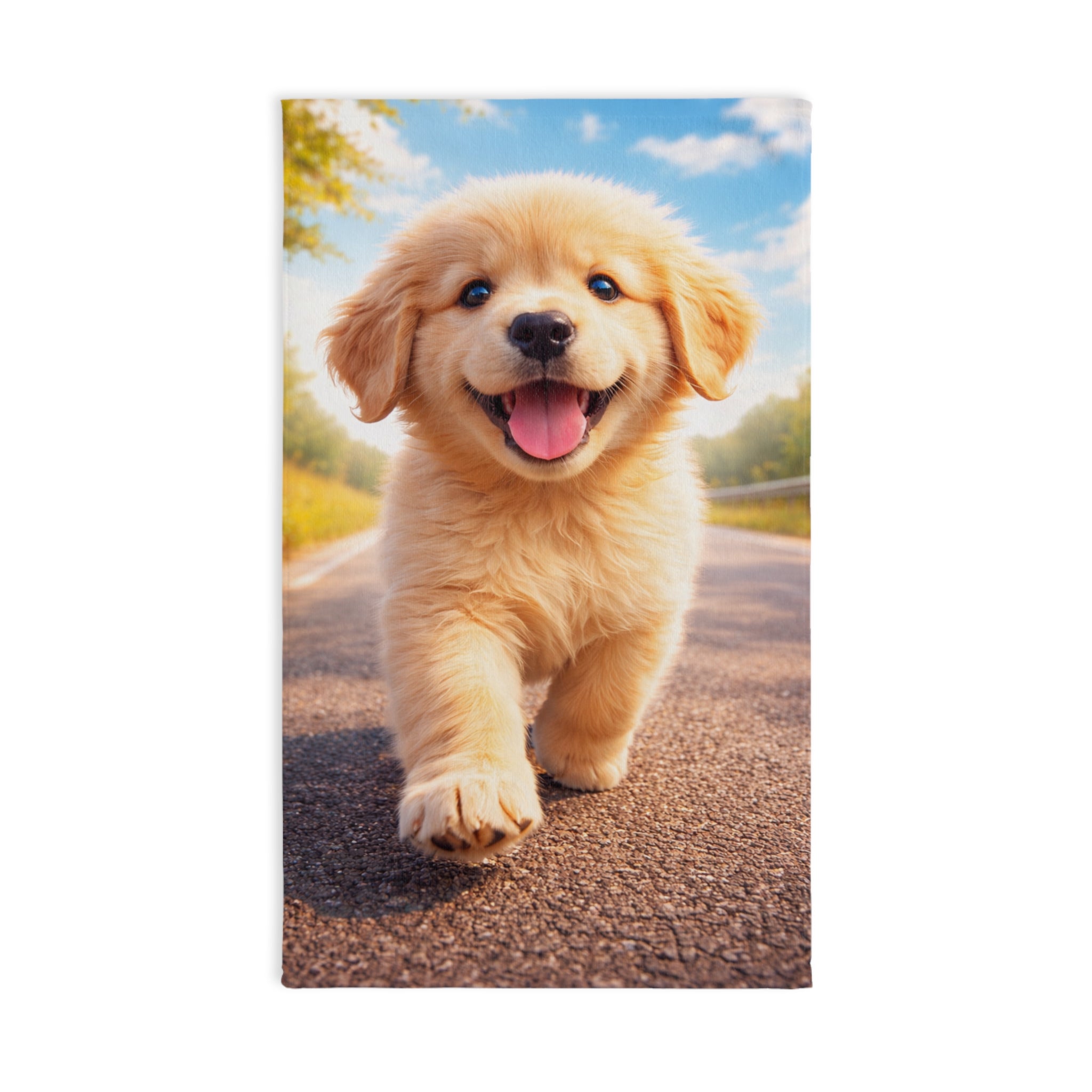Golden Retriever Puppy Hand Towel | Sunny Country Lane, Vibrant Print