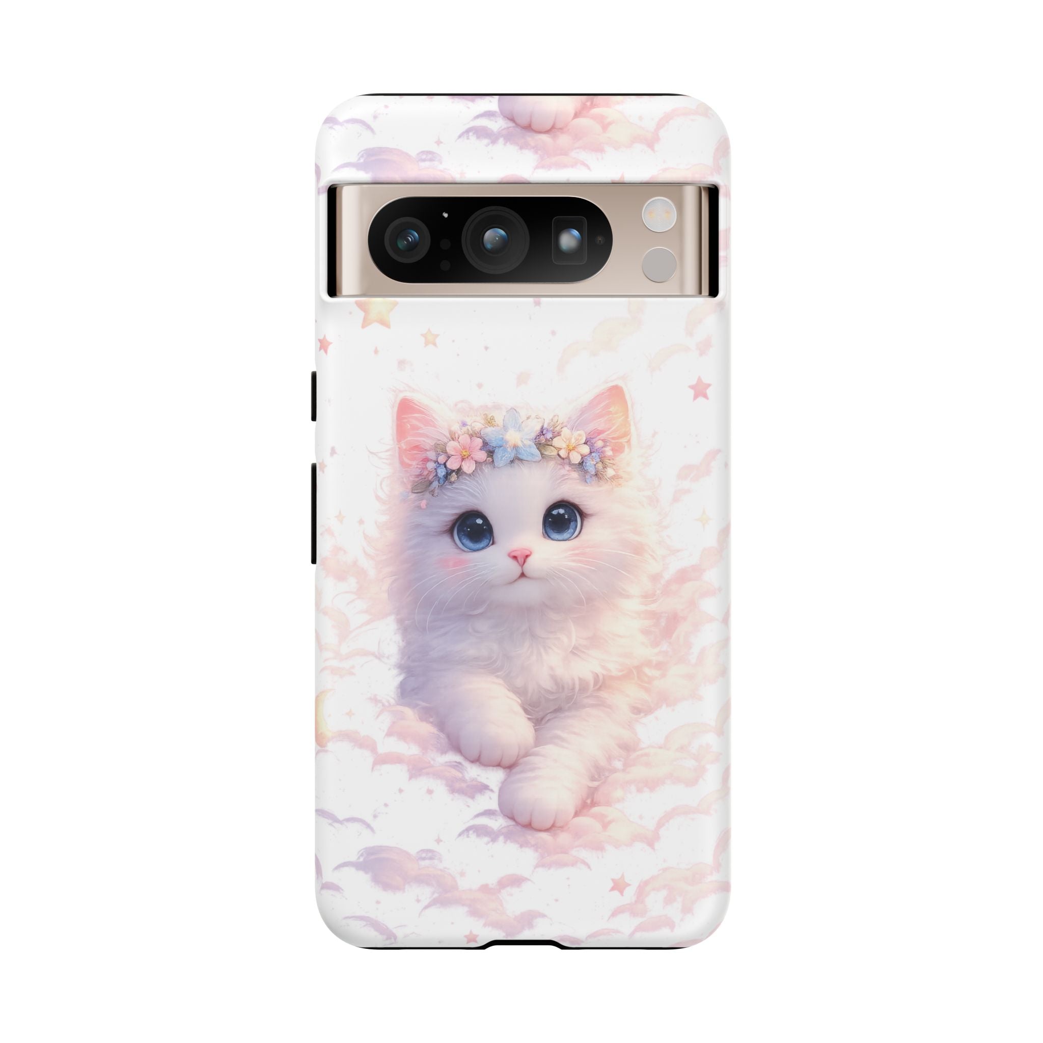 Cute Crowned Kitten Phone Case — Pastel Cloud & Star Protective Case