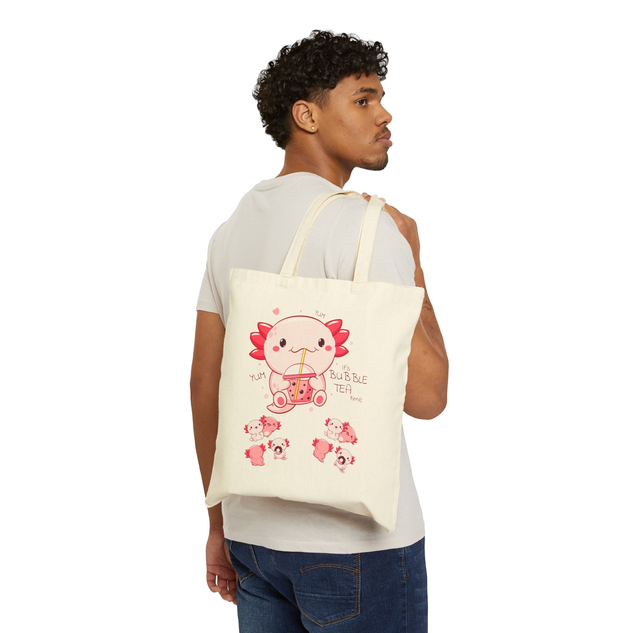 Axolotl Drinking Bubble Tea Tote Bag | Cute Kawaii Animal Illustration