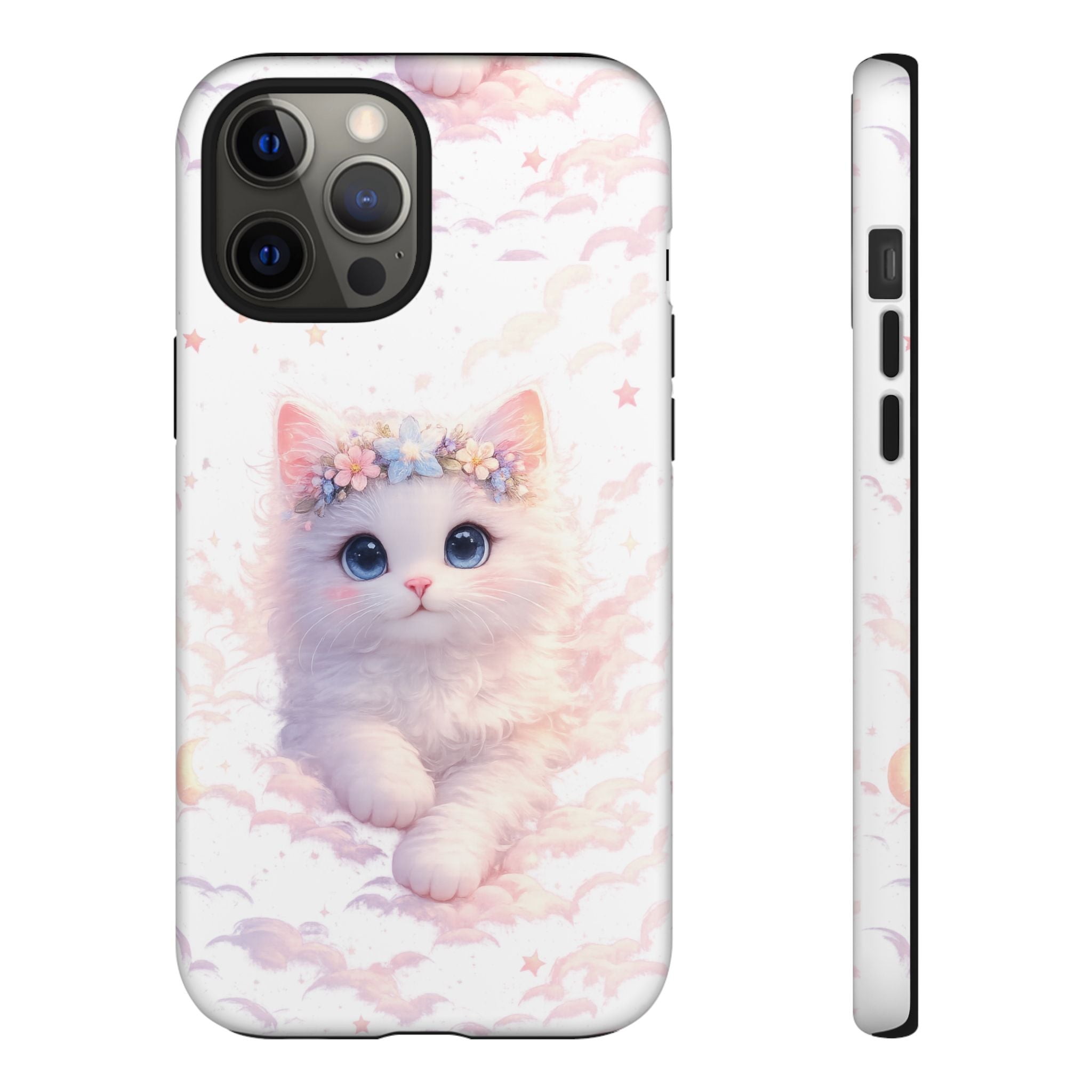 Cute Crowned Kitten Phone Case — Pastel Cloud & Star Protective Case