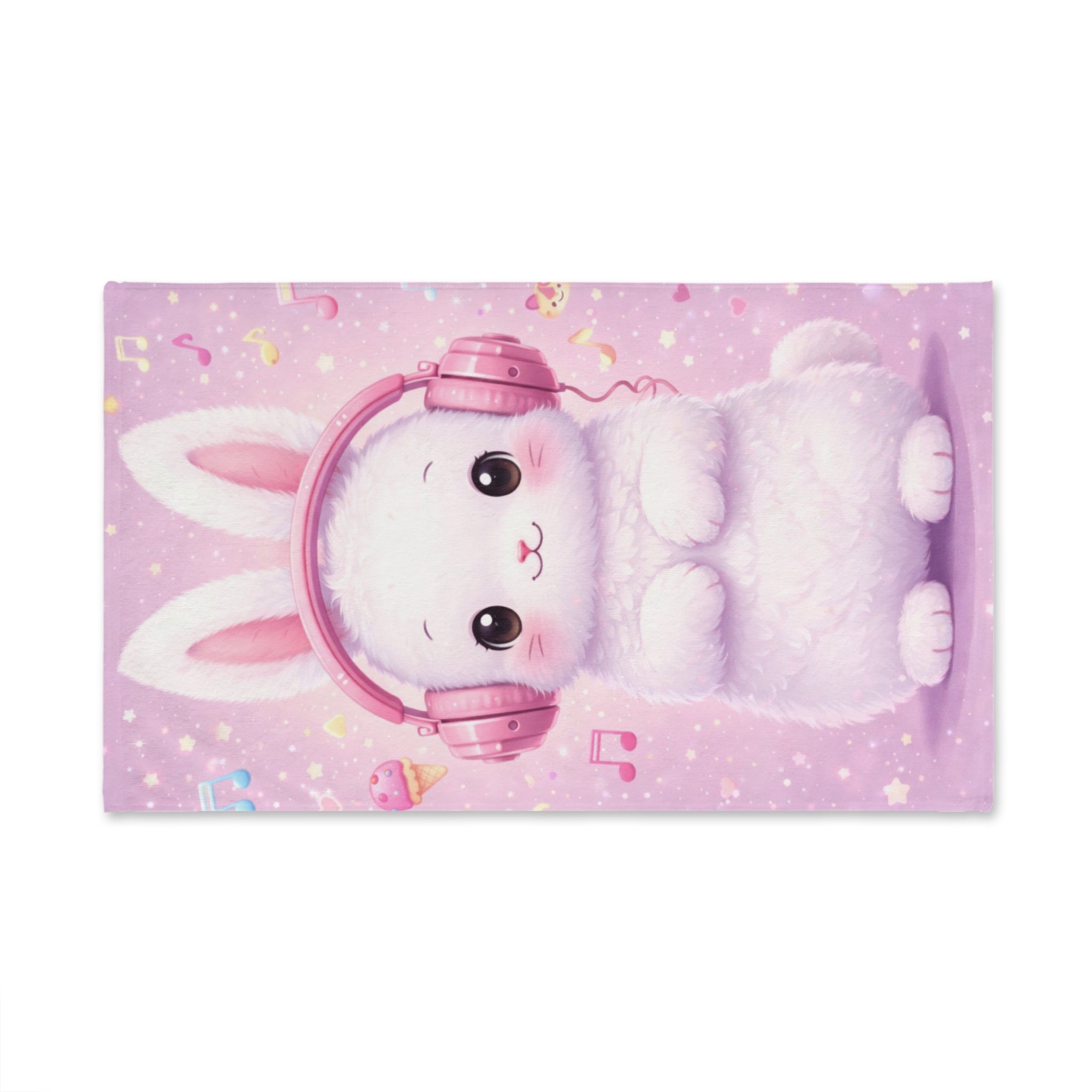 Cute Bunny with Pink Headphones Hand Towel | Musical Notes, Pastel Treats