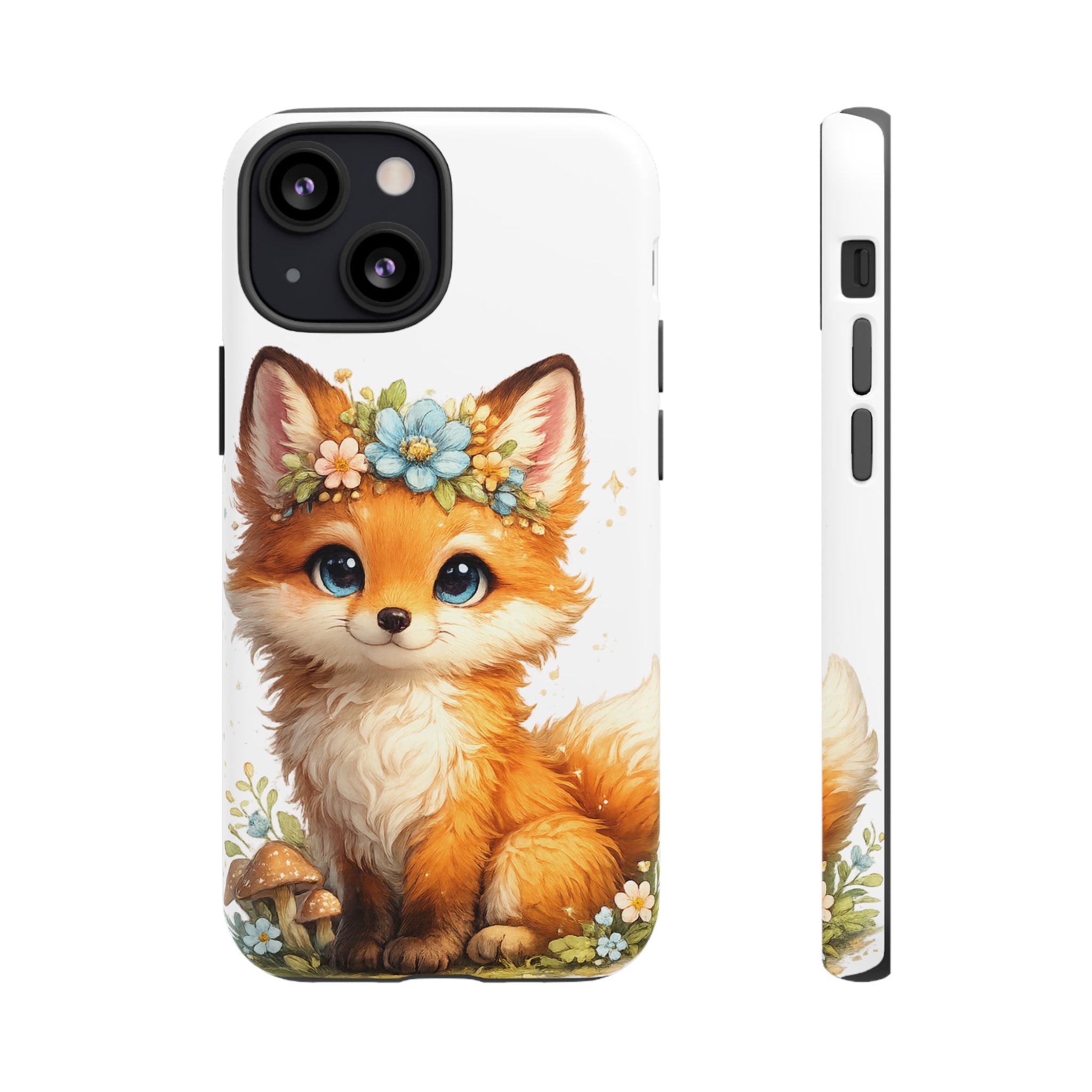 Woodland Fox Cub Phone Case — Protective Tough Case with Floral & Mushroom Art