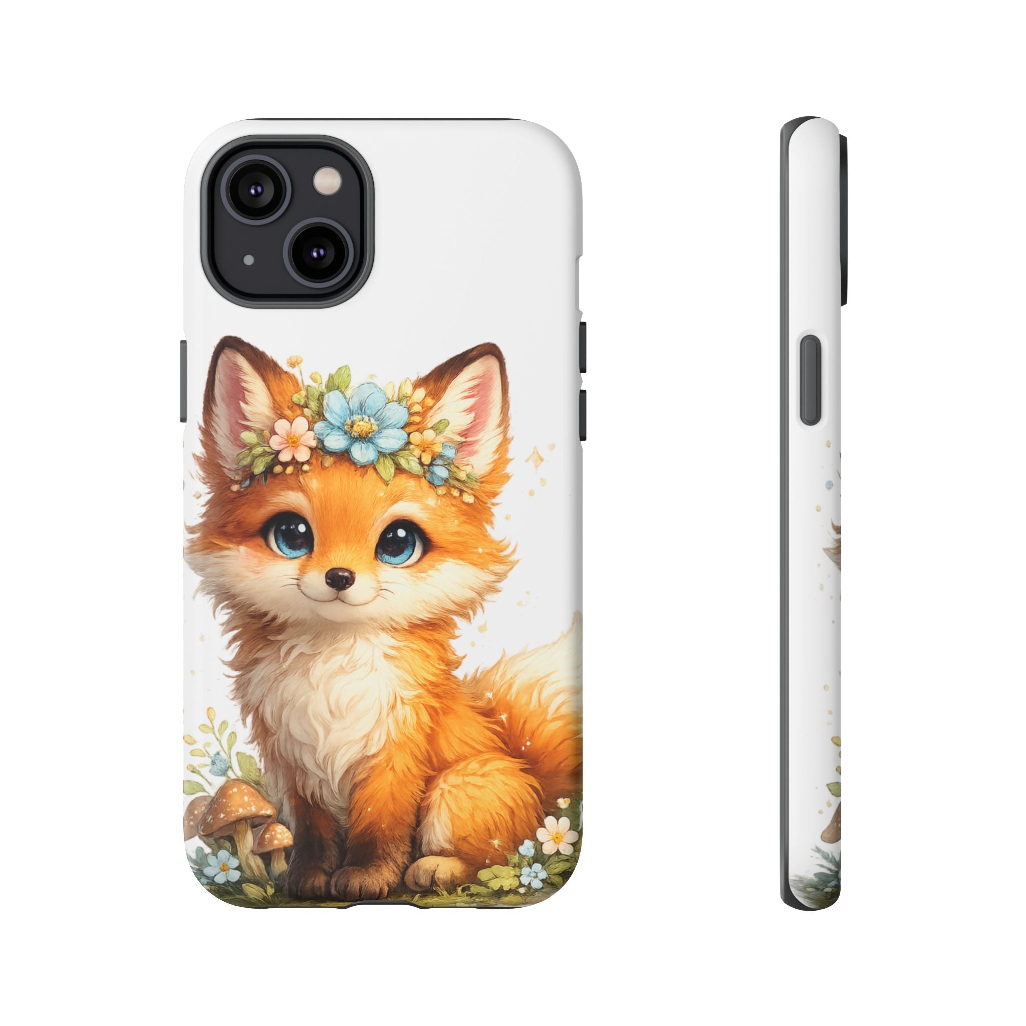 Woodland Fox Cub Phone Case — Protective Tough Case with Floral & Mushroom Art