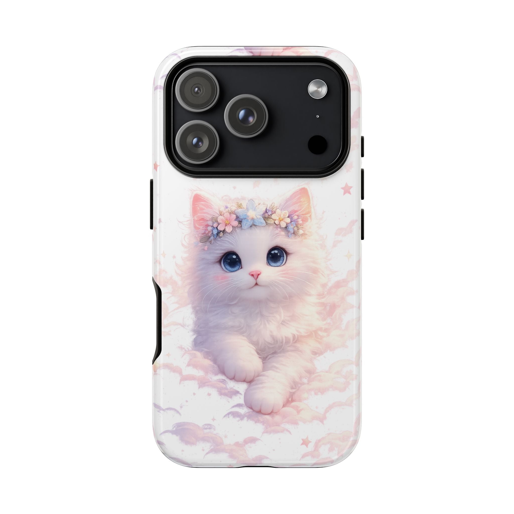 Cute Crowned Kitten Phone Case — Pastel Cloud & Star Protective Case