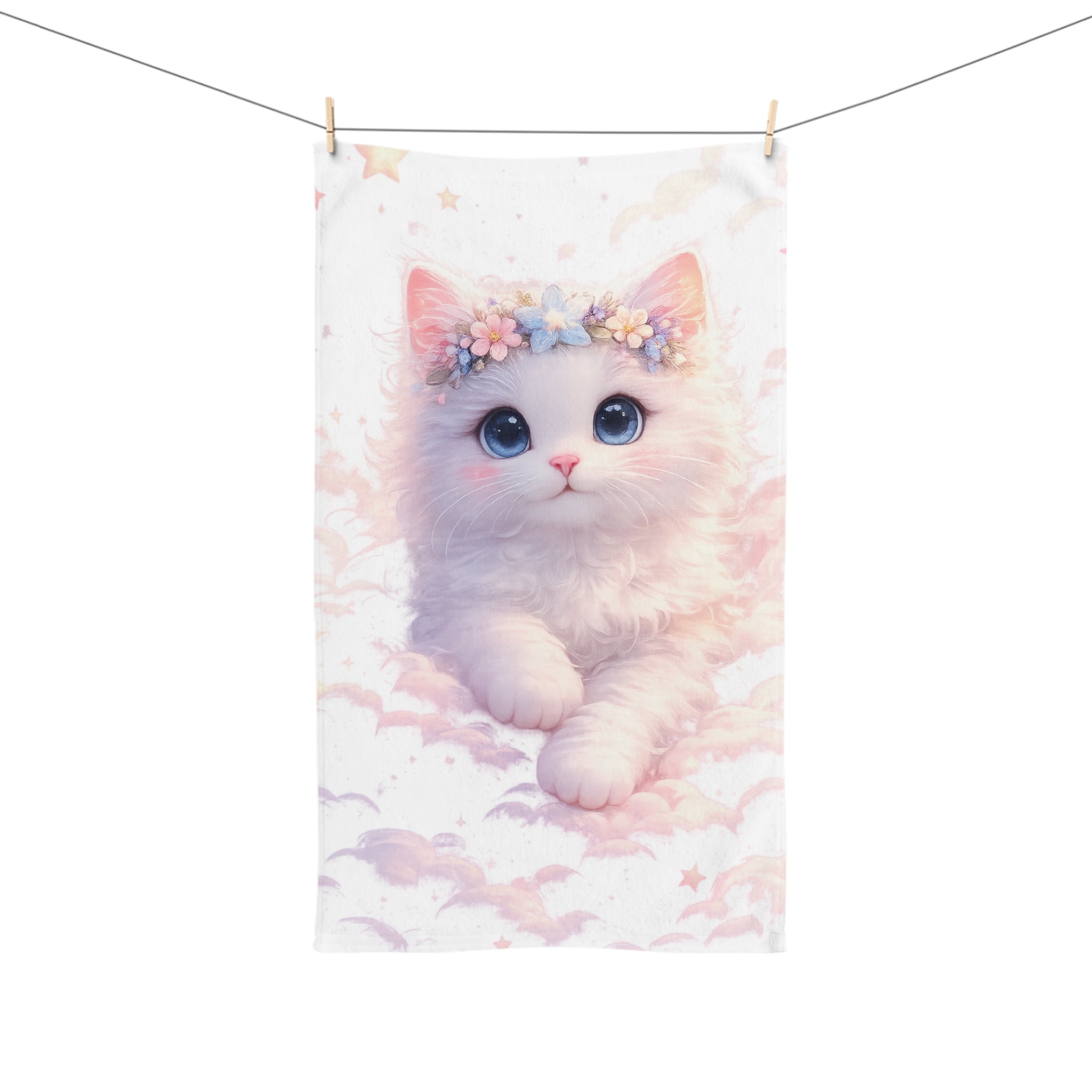 Angelic Kitten in Pastel Clouds Hand Towel | Floral Crown Nursery Towel