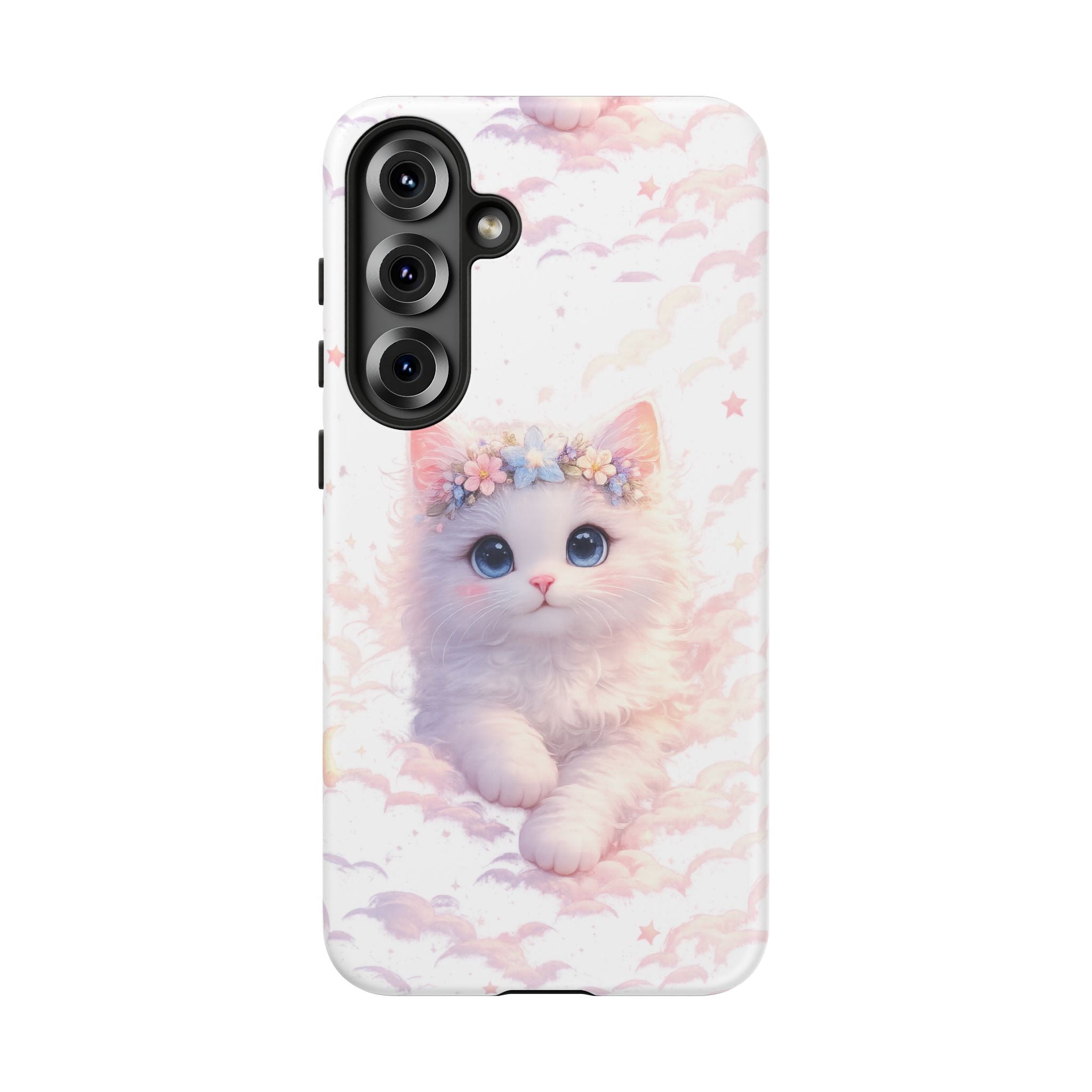 Cute Crowned Kitten Phone Case — Pastel Cloud & Star Protective Case