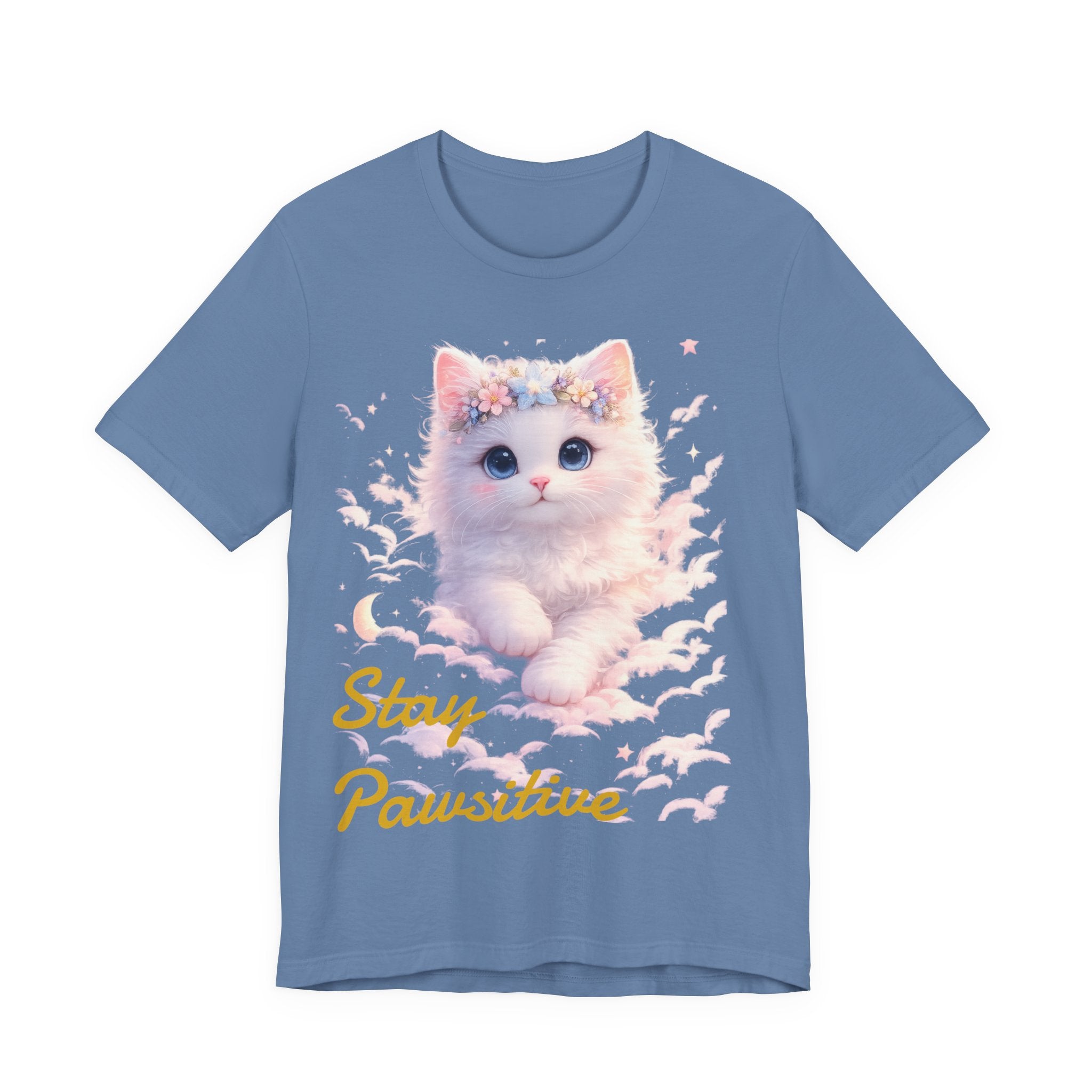 Stay Pawsitive Kitten Tee | Floral Crown Cat, Pastel Cloud Illustration