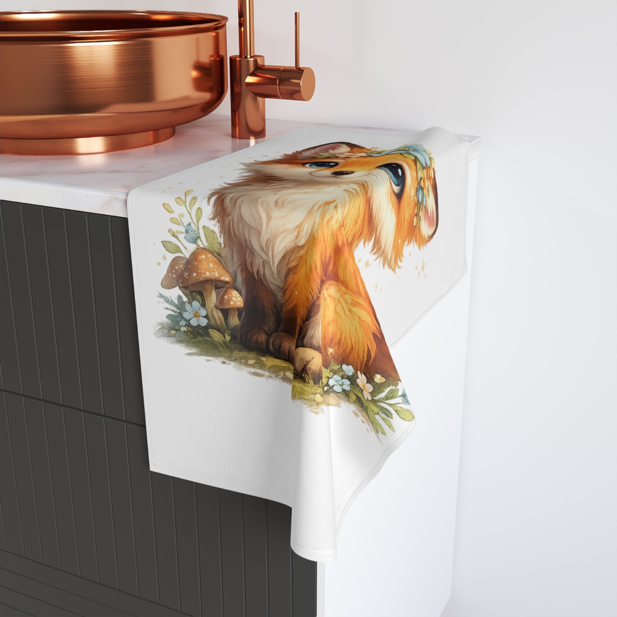 Woodland Fox Floral Hand Towel — Cute Fox with Mushroom & Flower Crown