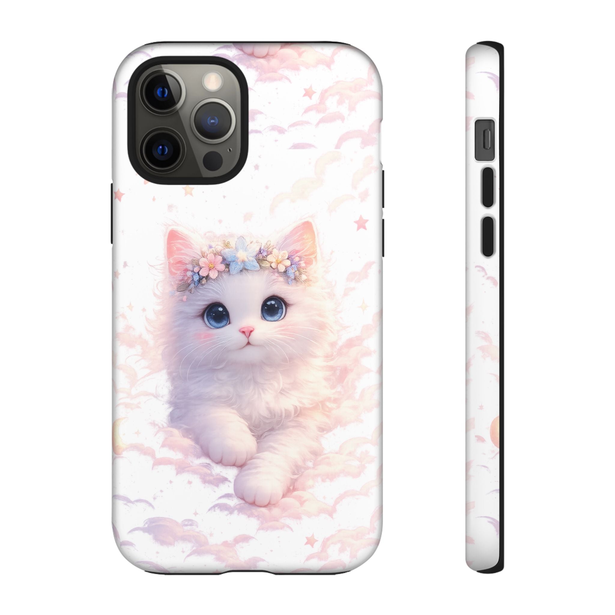 Cute Crowned Kitten Phone Case — Pastel Cloud & Star Protective Case