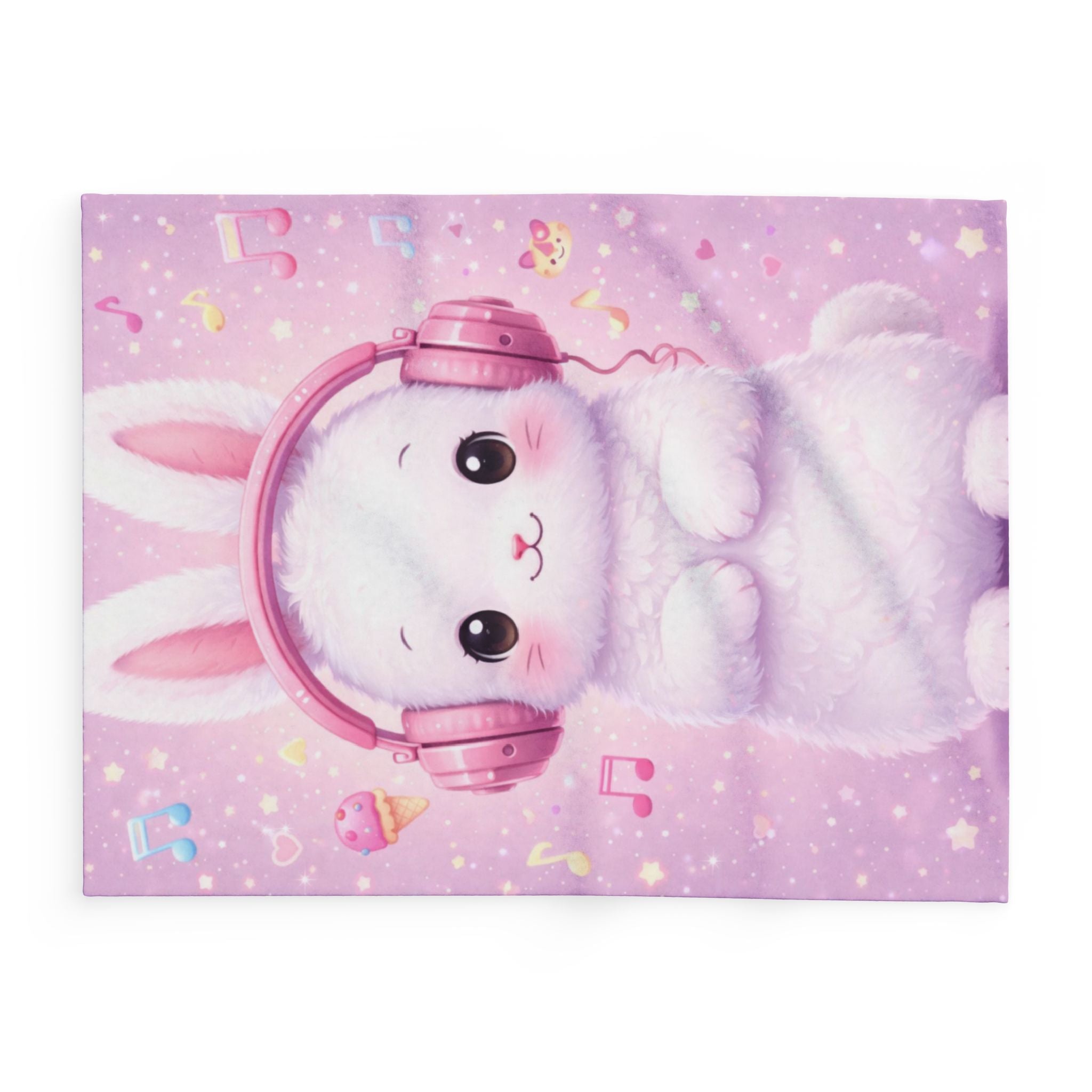 Kawaii Bunny with Pink Headphones Arctic Fleece Blanket | Pastel Sweets Cozy Throw