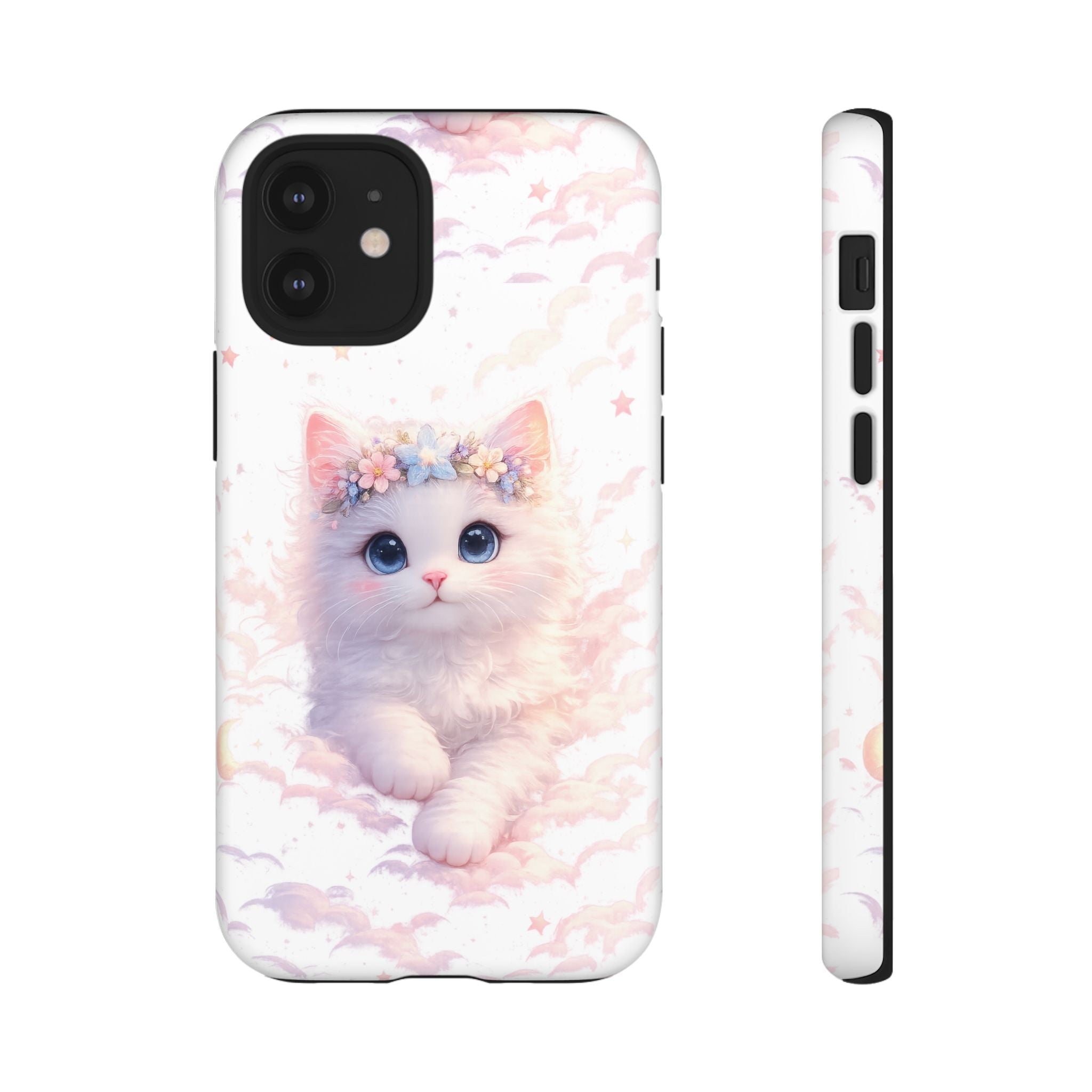 Cute Crowned Kitten Phone Case — Pastel Cloud & Star Protective Case