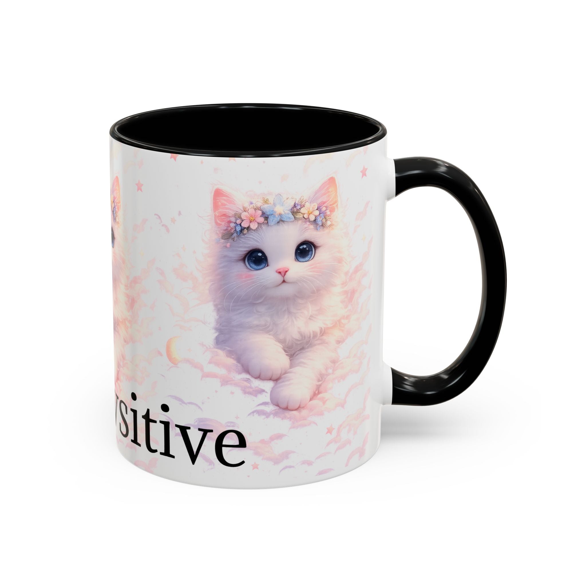 Pawsitive Kitten Accent Coffee Mug | Floral Crown Cat, 11oz 15oz