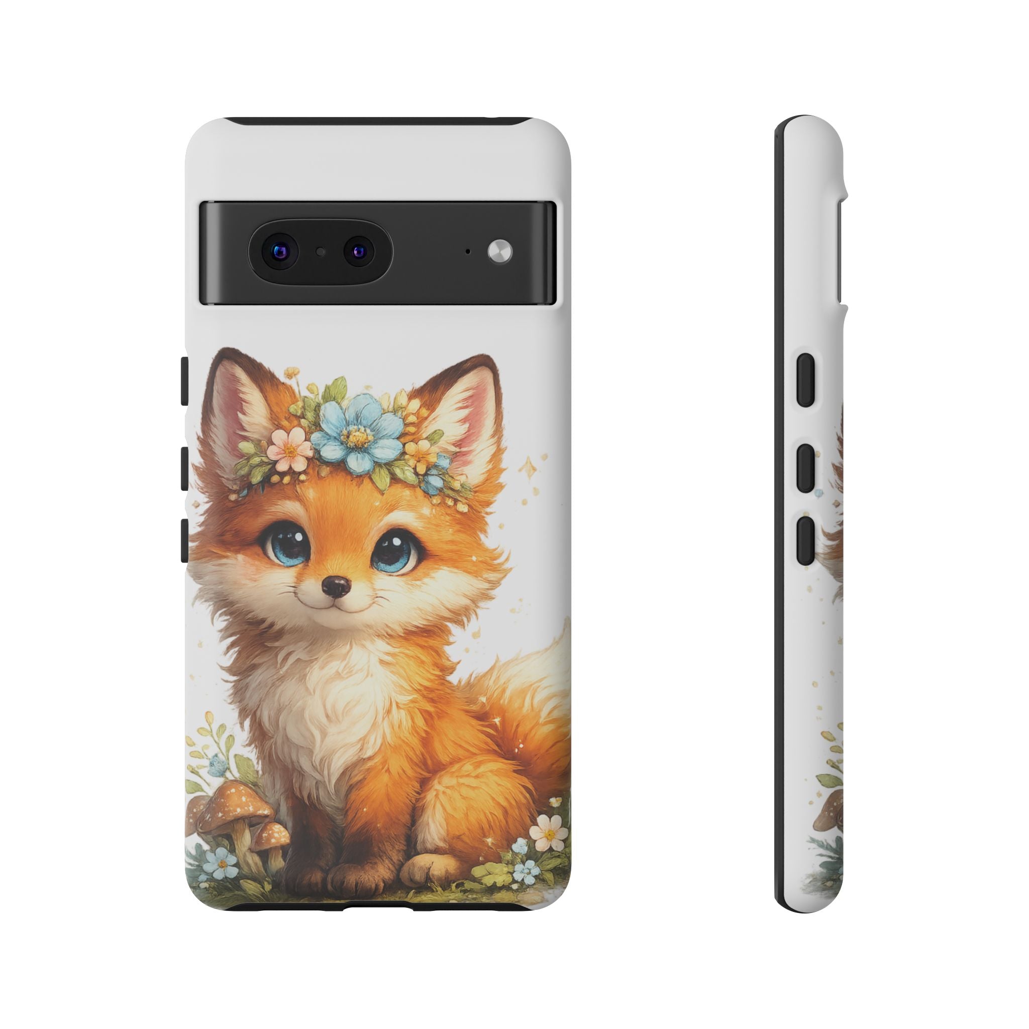 Woodland Fox Cub Phone Case — Protective Tough Case with Floral & Mushroom Art