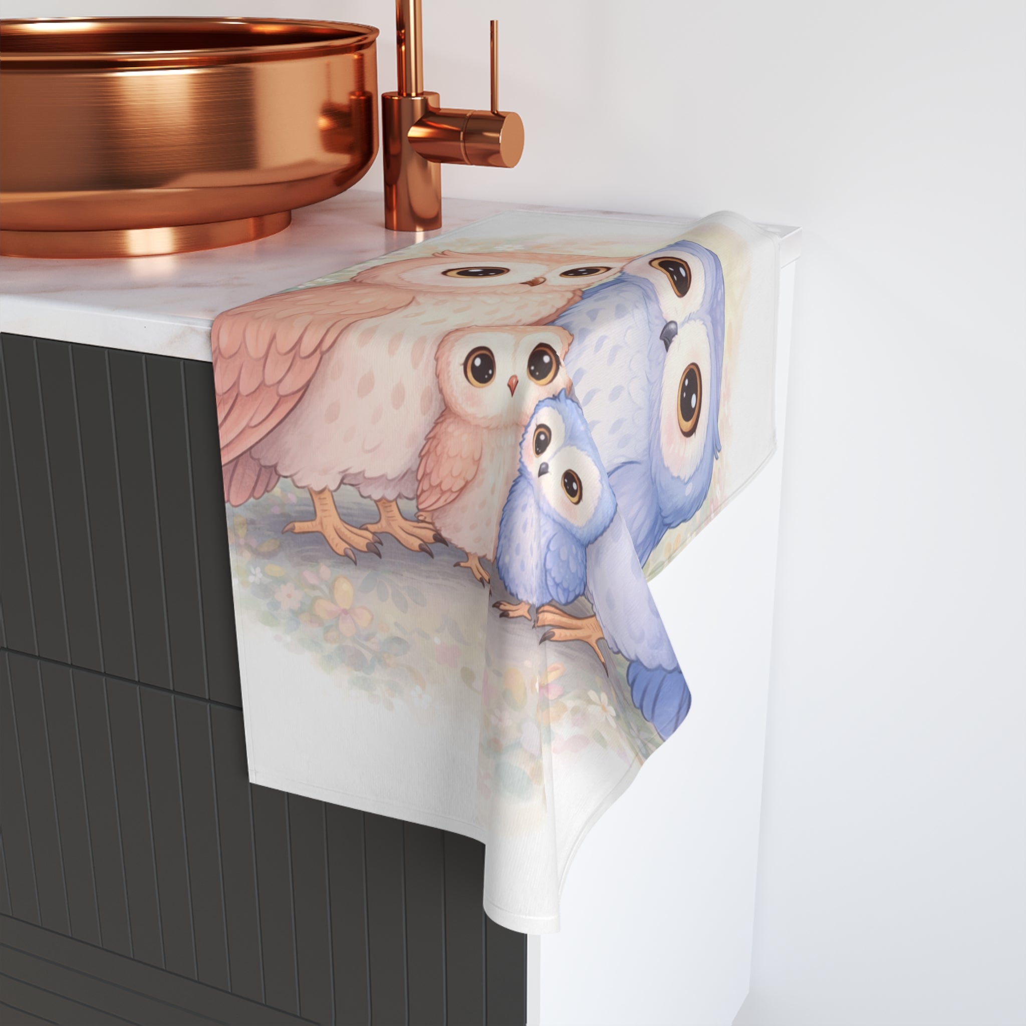 Watercolor Owl Family Hand Towel | Pastel Nursery Bathroom Towel