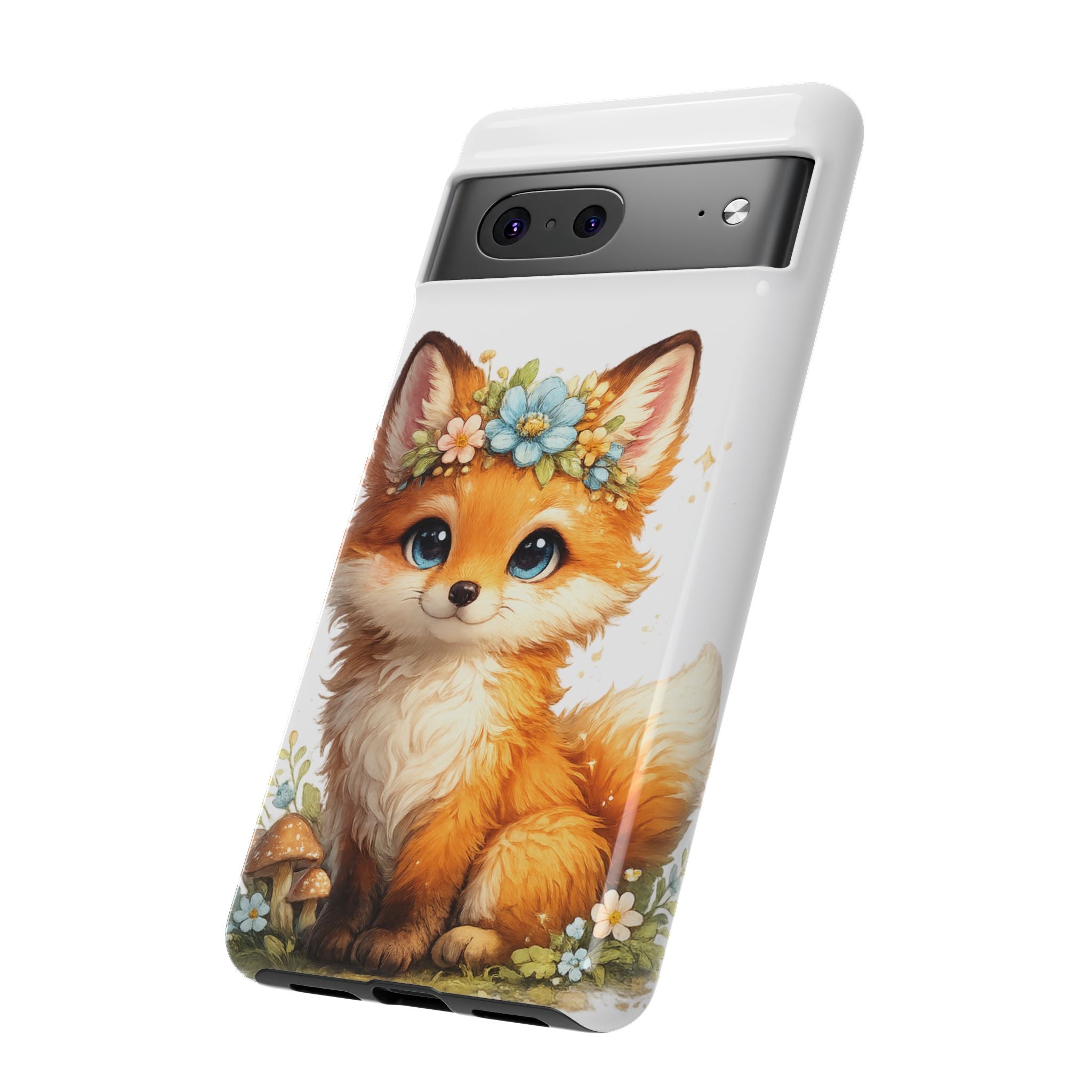 Woodland Fox Cub Phone Case — Protective Tough Case with Floral & Mushroom Art