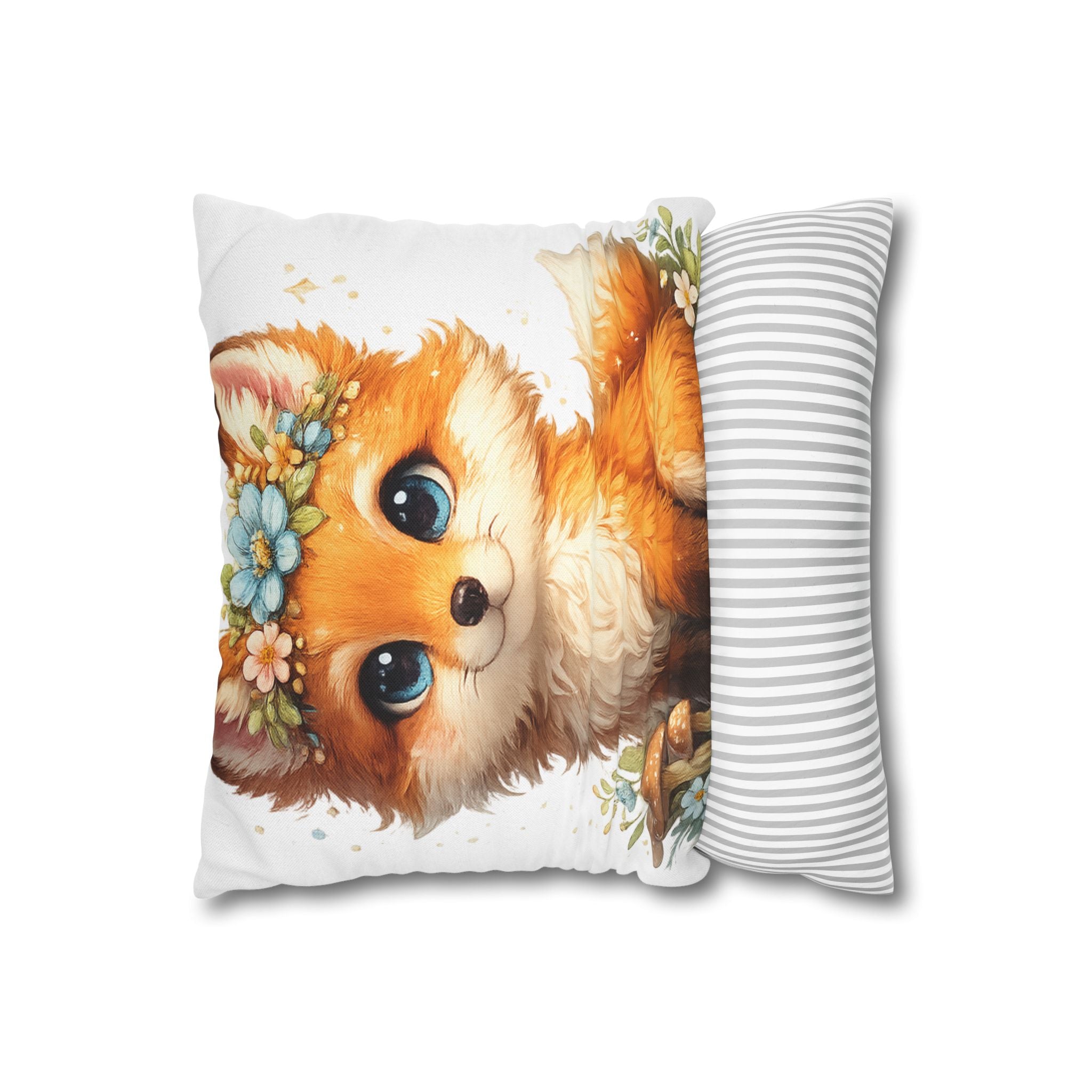 Whimsical Fox Floral Crown Pillow Cover — Square Throw Pillowcase for Nursery & Nursery Decor