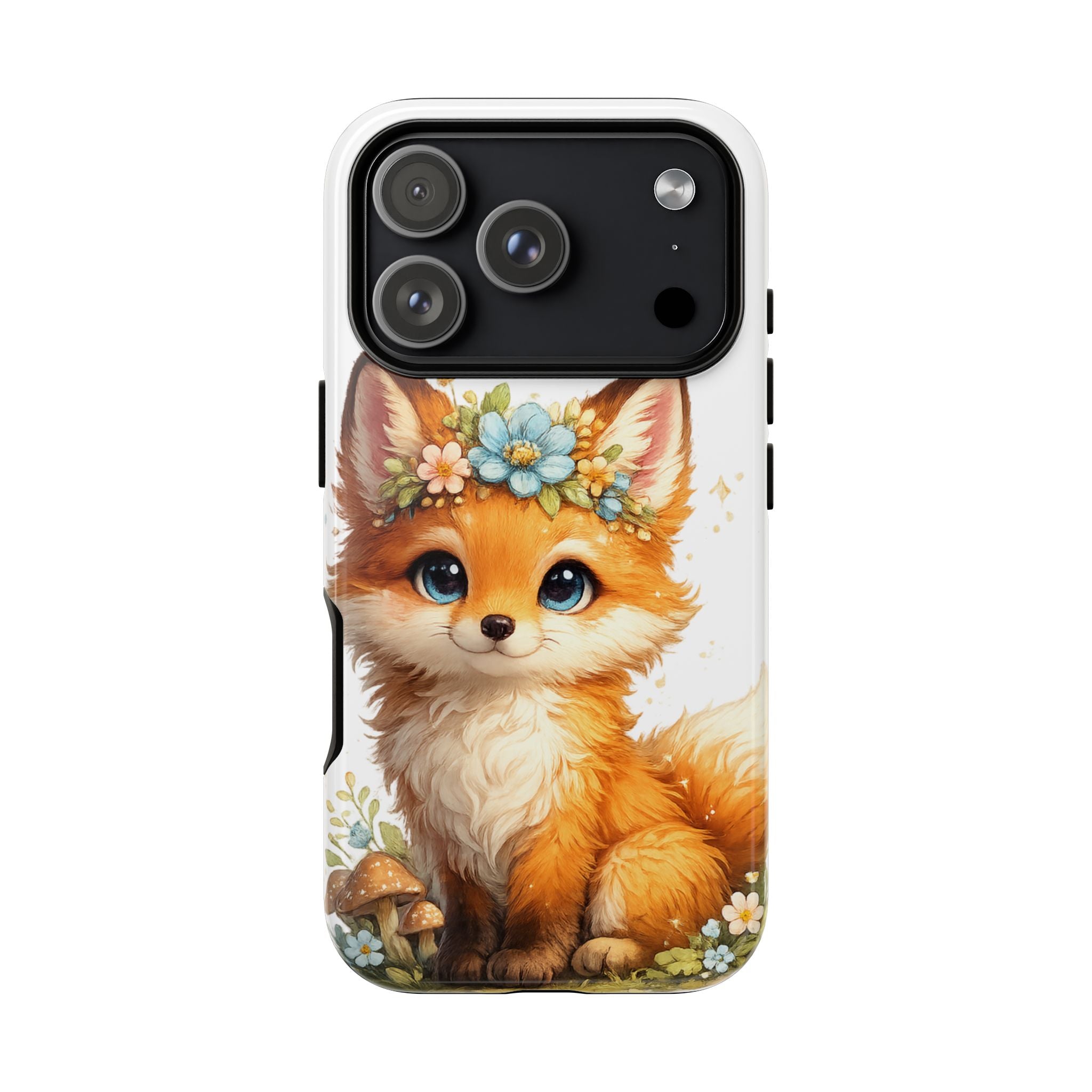 Woodland Fox Cub Phone Case — Protective Tough Case with Floral & Mushroom Art