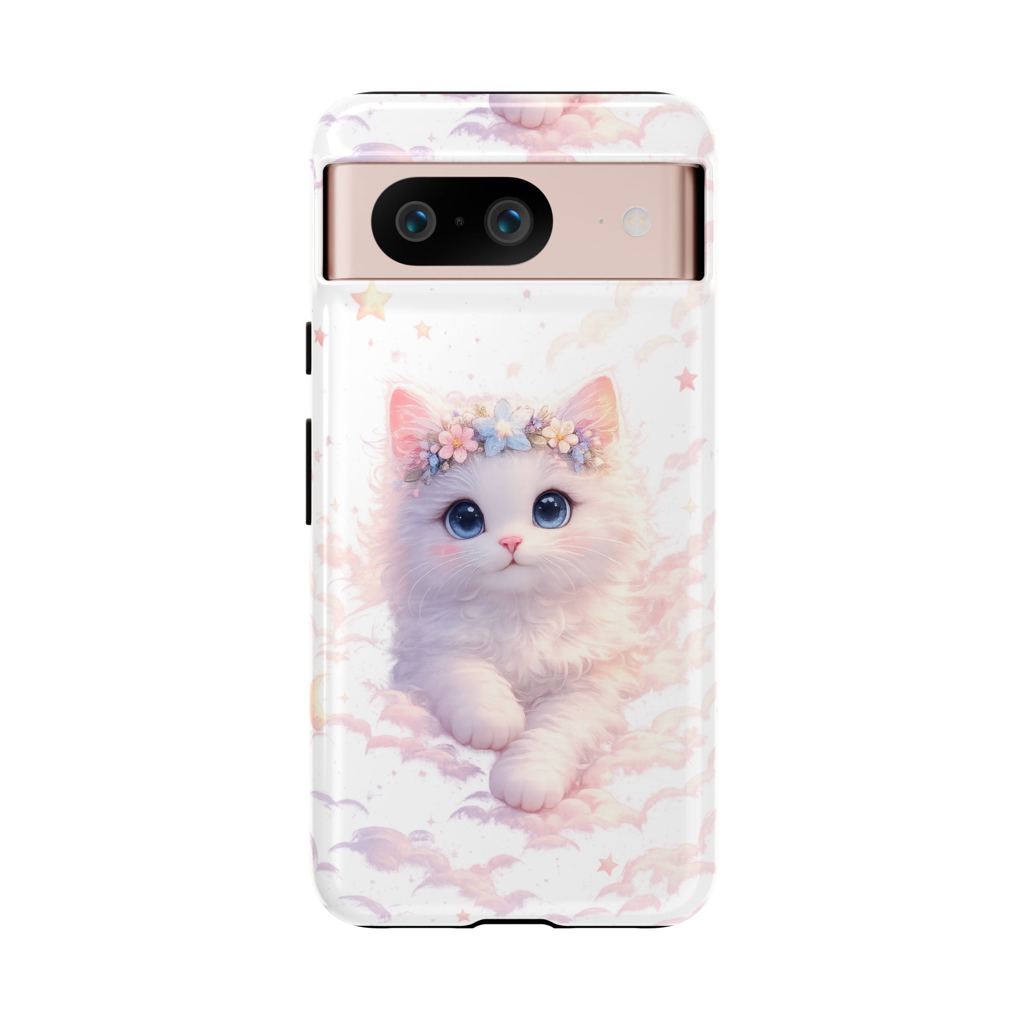 Cute Crowned Kitten Phone Case — Pastel Cloud & Star Protective Case