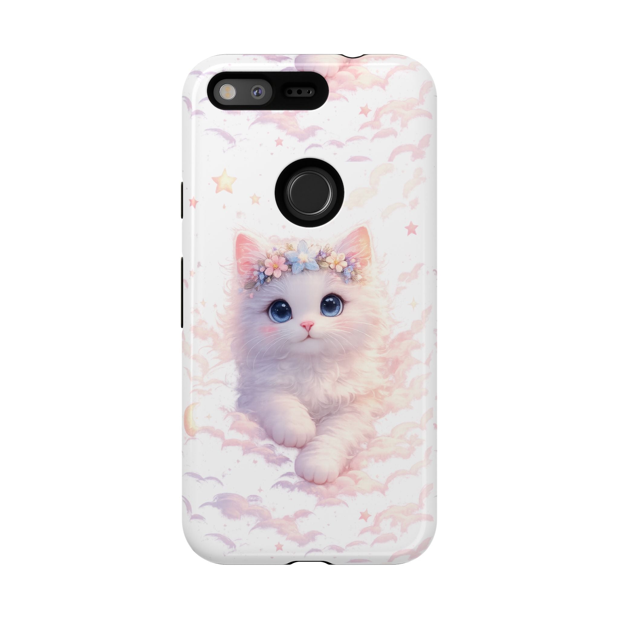 Cute Crowned Kitten Phone Case — Pastel Cloud & Star Protective Case