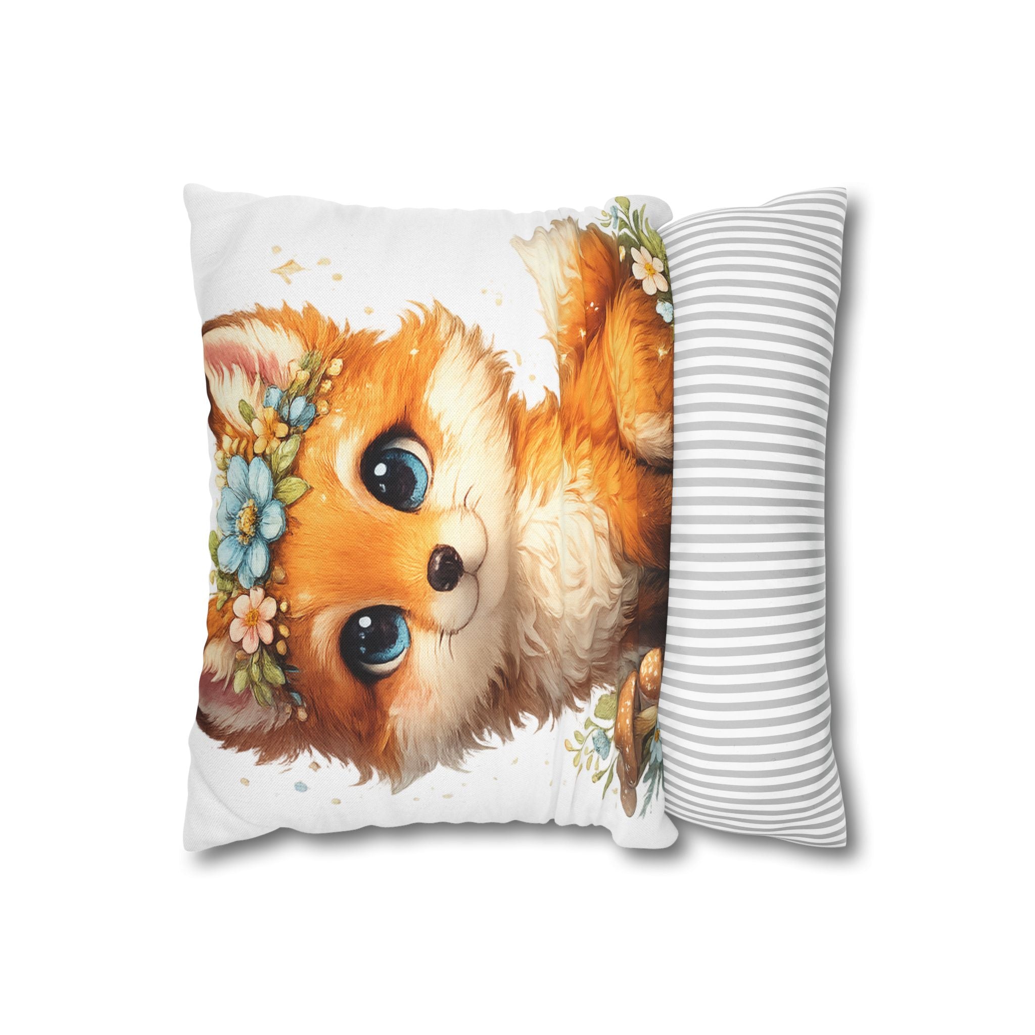 Whimsical Fox Floral Crown Pillow Cover — Square Throw Pillowcase for Nursery & Nursery Decor