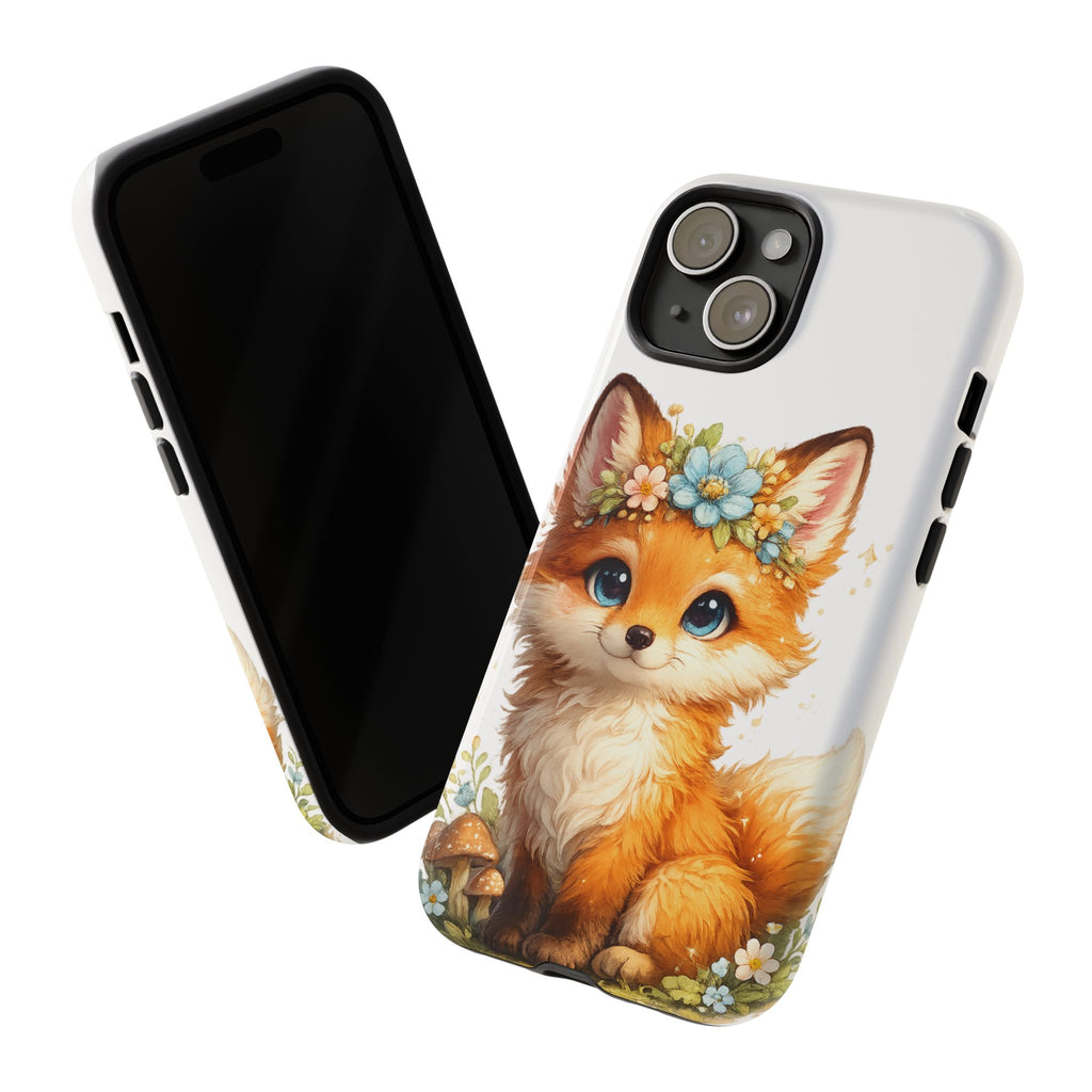 Woodland Fox Cub Phone Case — Protective Tough Case with Floral & Mushroom Art
