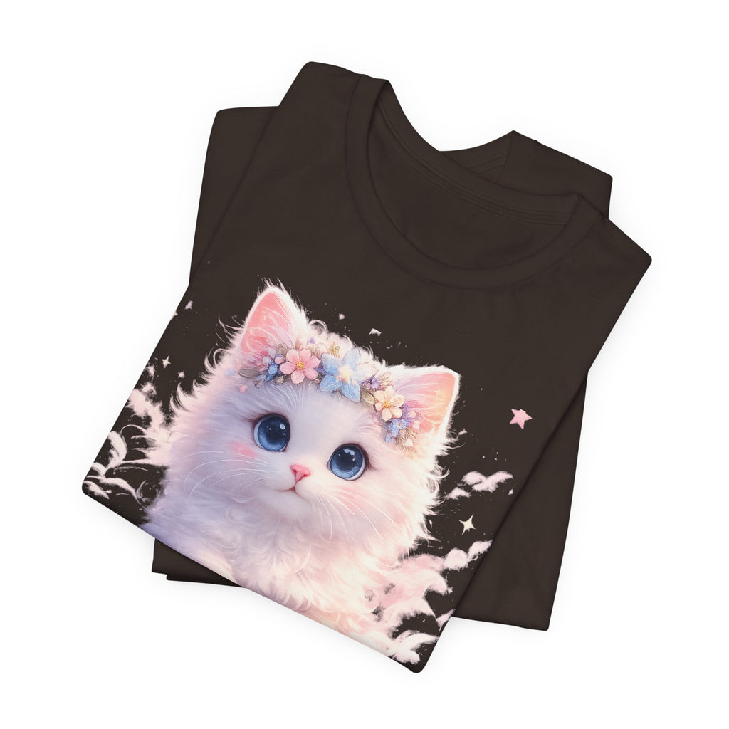 Stay Pawsitive Kitten Tee | Floral Crown Cat, Pastel Cloud Illustration