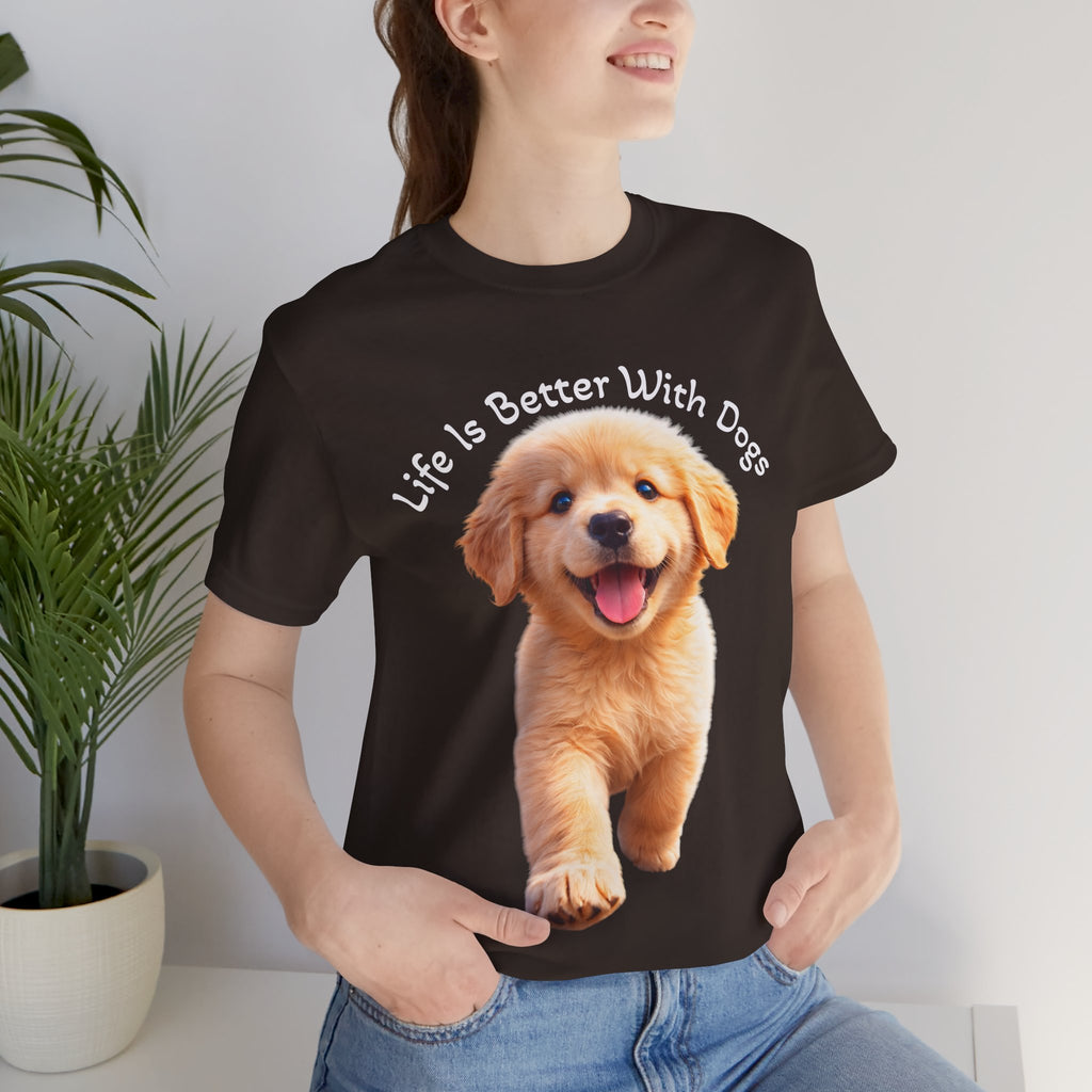 Life Is Better With Dogs Tee — Lightweight Golden Puppy Crew T-Shirt
