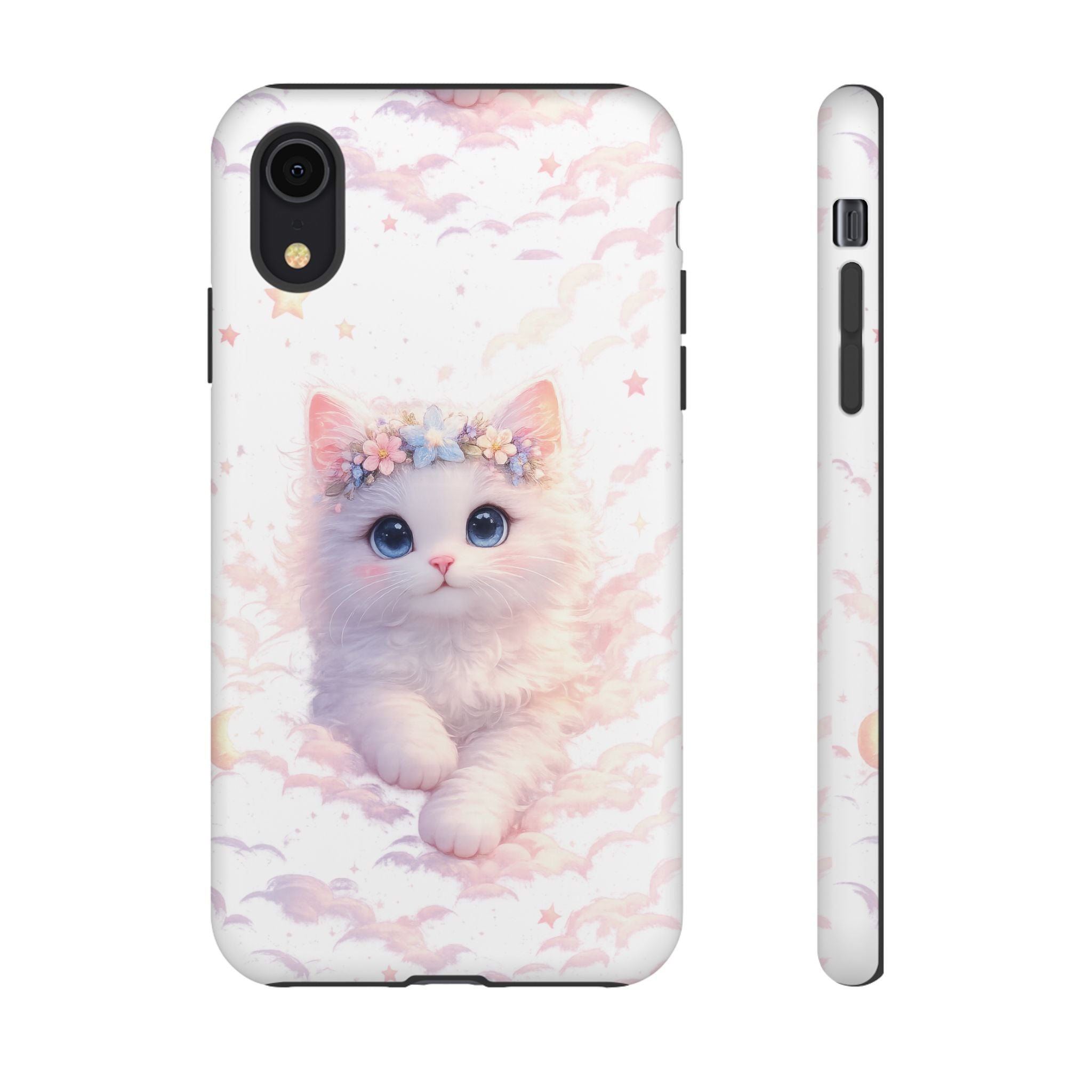 Cute Crowned Kitten Phone Case — Pastel Cloud & Star Protective Case