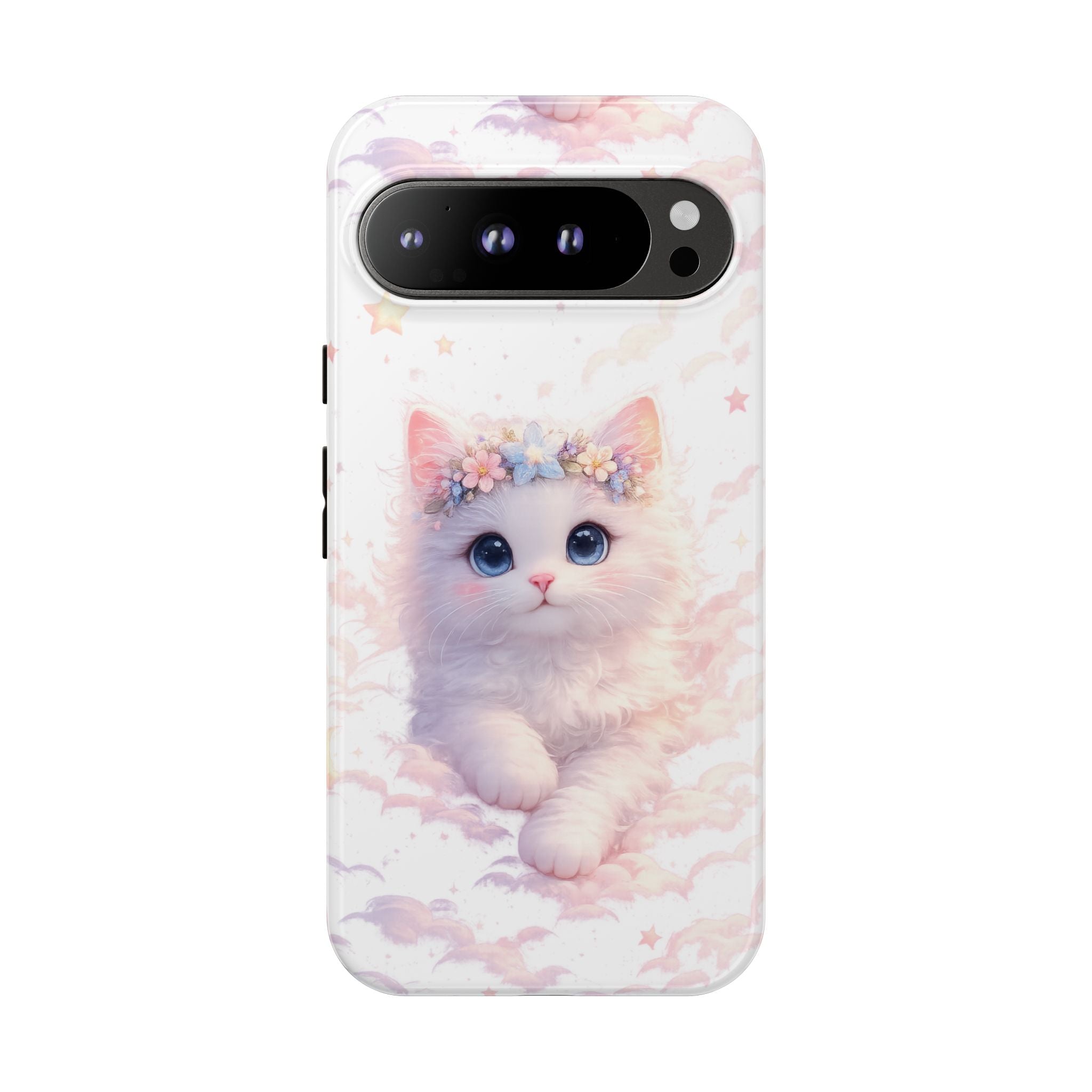 Cute Crowned Kitten Phone Case — Pastel Cloud & Star Protective Case