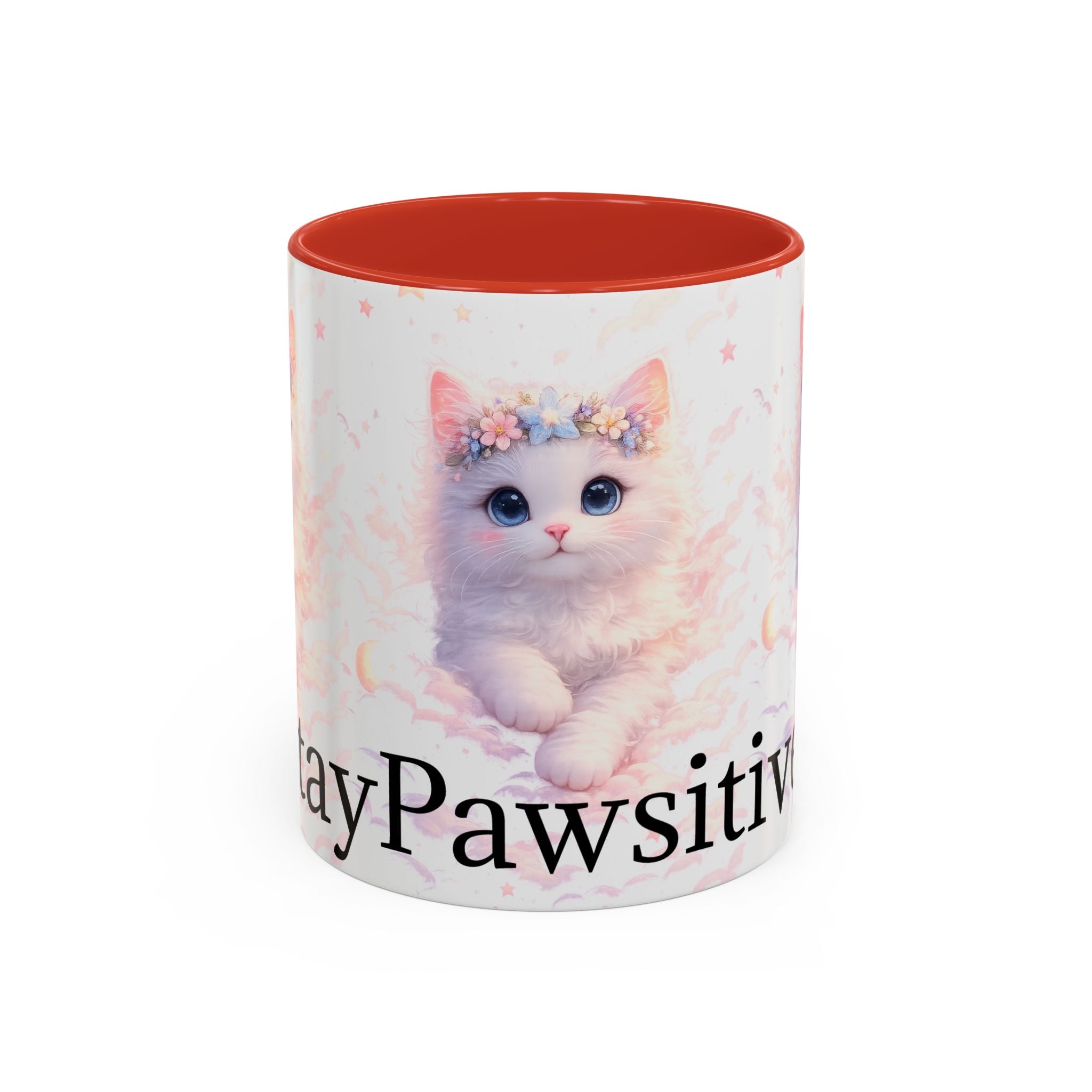 Pawsitive Kitten Accent Coffee Mug | Floral Crown Cat, 11oz 15oz