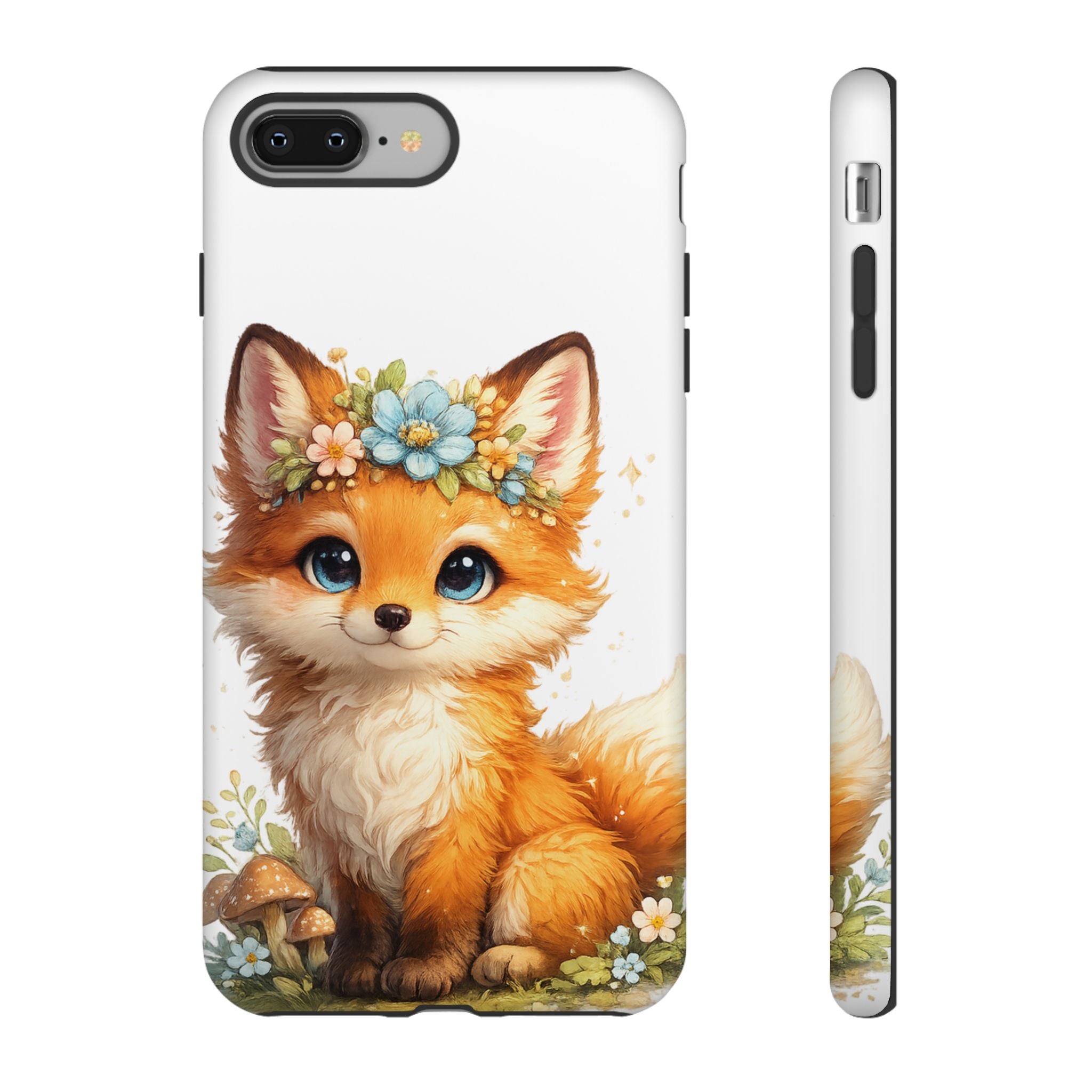 Woodland Fox Cub Phone Case — Protective Tough Case with Floral & Mushroom Art