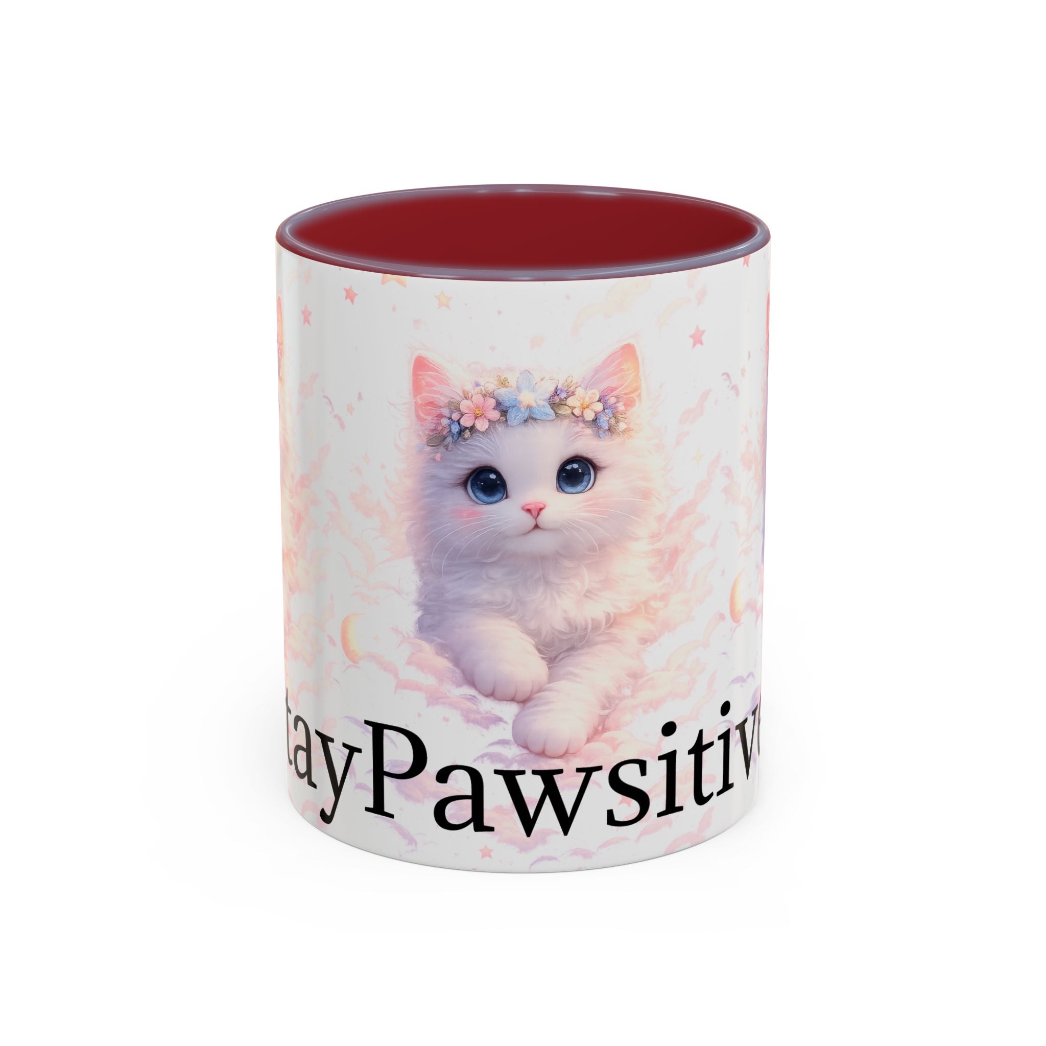 Pawsitive Kitten Accent Coffee Mug | Floral Crown Cat, 11oz 15oz