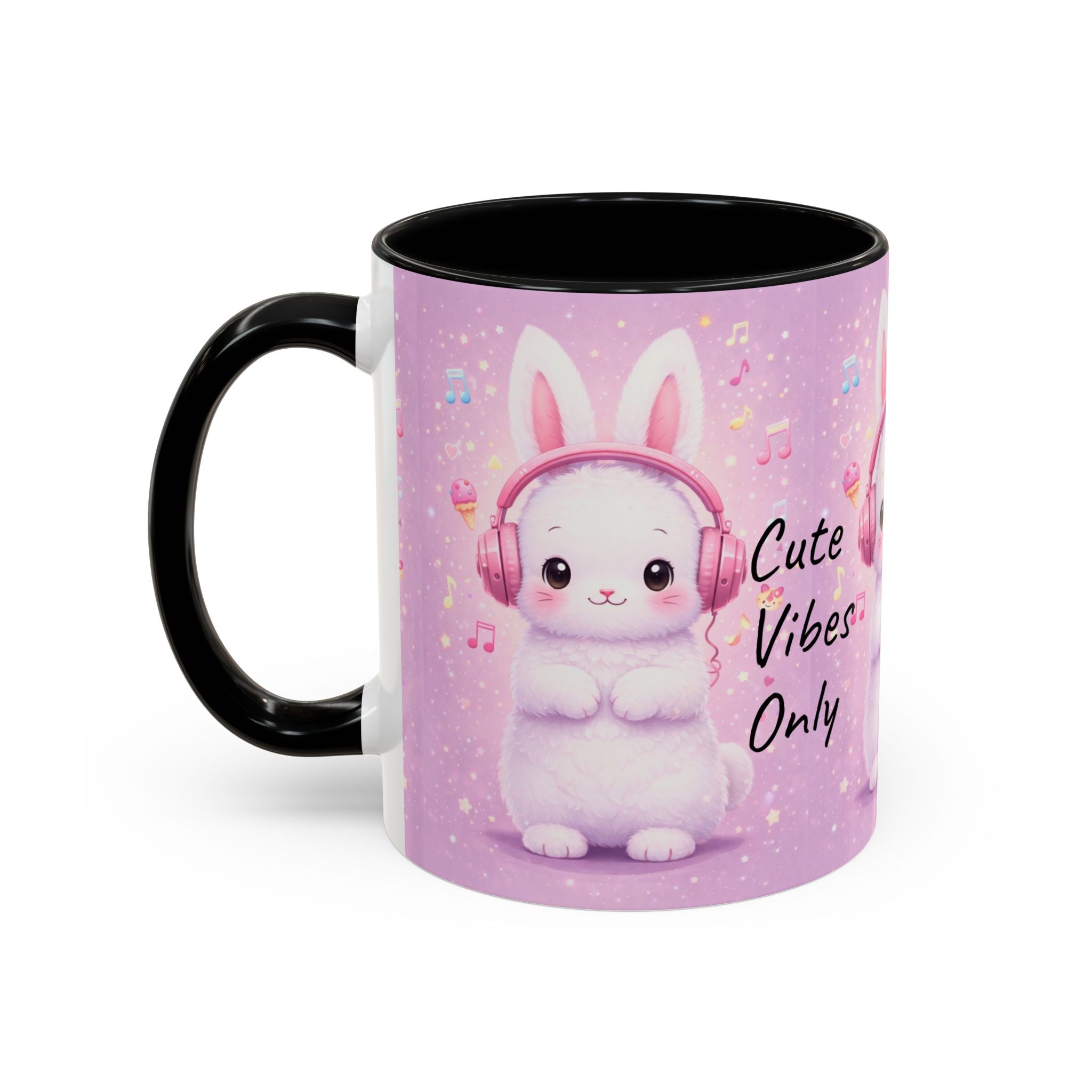 Kawaii Bunny with Headphones Mug | Cute Pastel Music Ceramic Coffee Cup
