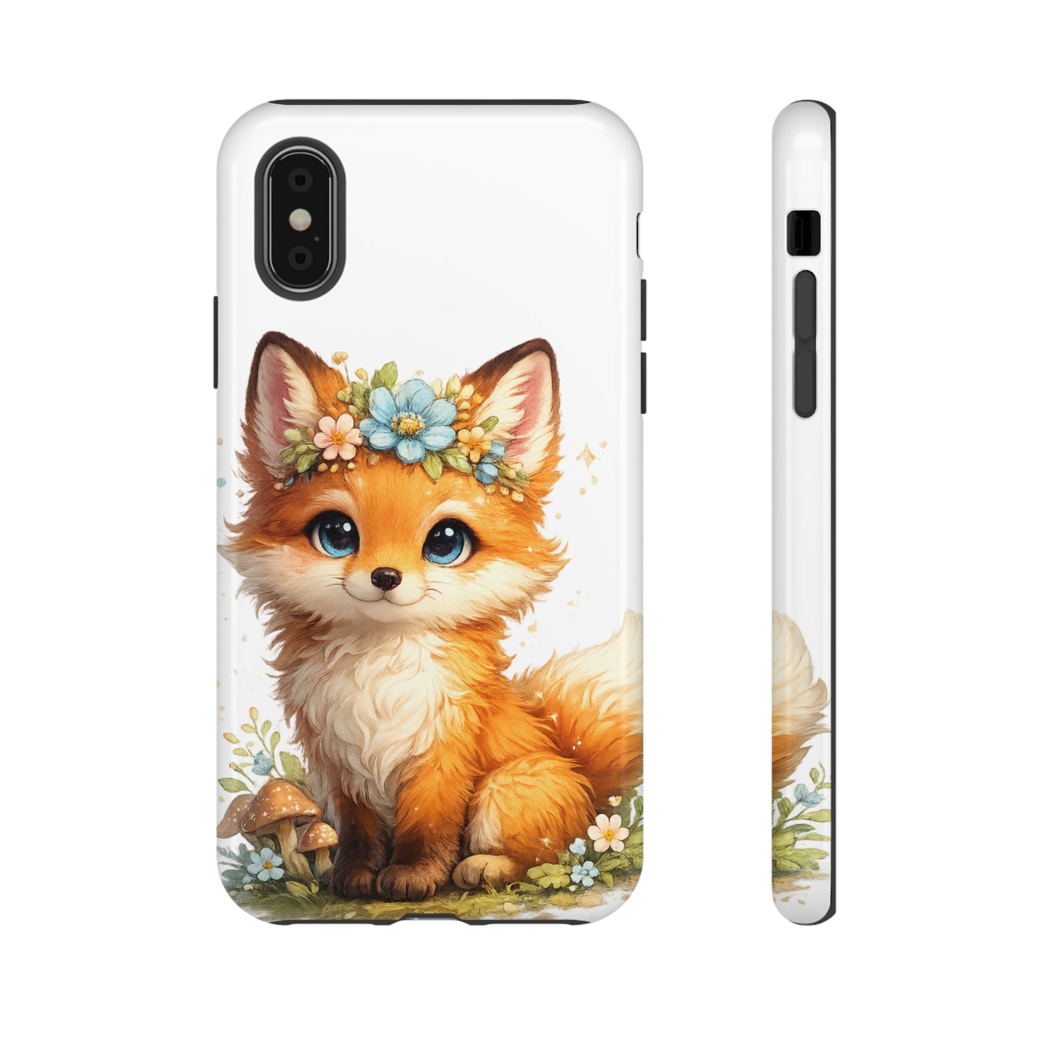 Woodland Fox Cub Phone Case — Protective Tough Case with Floral & Mushroom Art