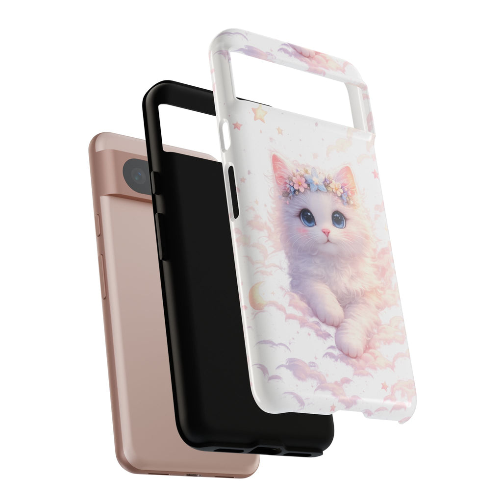 Cute Crowned Kitten Phone Case — Pastel Cloud & Star Protective Case