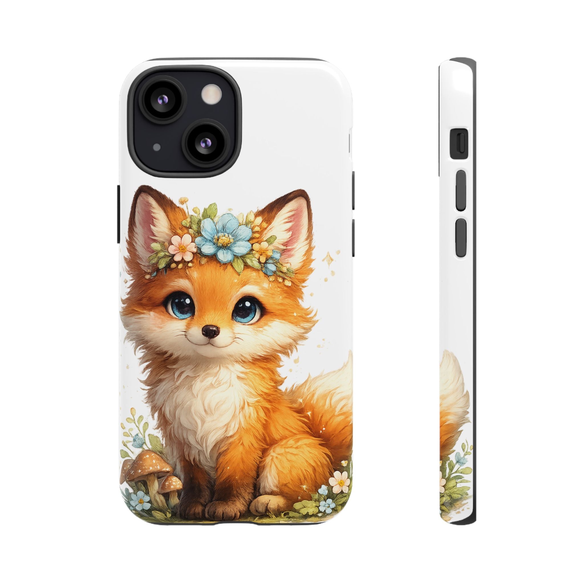 Woodland Fox Cub Phone Case — Protective Tough Case with Floral & Mushroom Art