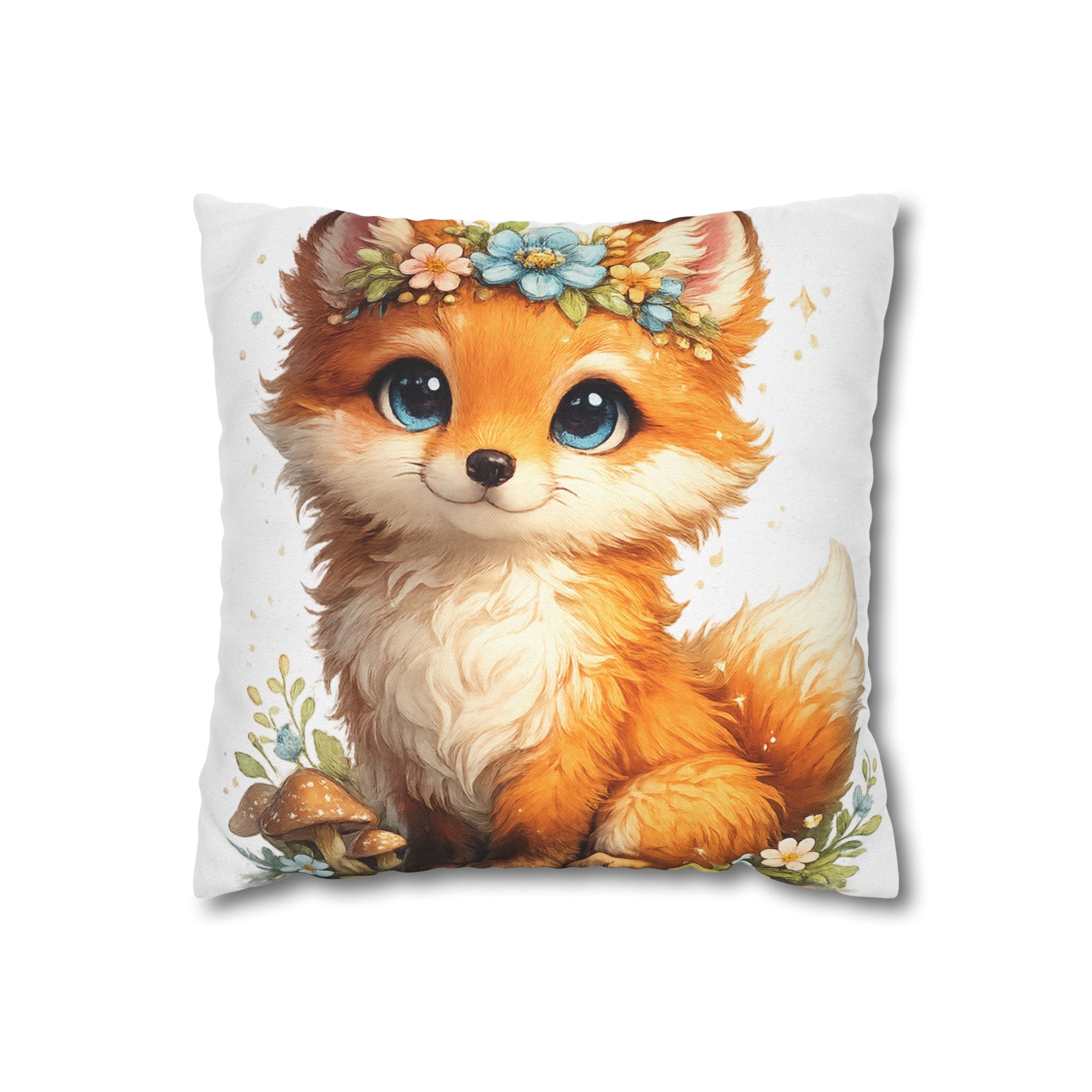 Whimsical Fox Floral Crown Pillow Cover — Square Throw Pillowcase for Nursery & Nursery Decor