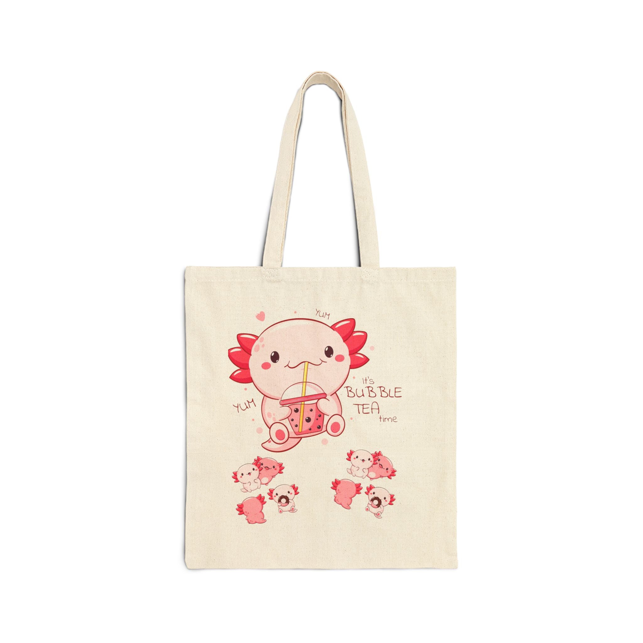 Axolotl Drinking Bubble Tea Tote Bag | Cute Kawaii Animal Illustration