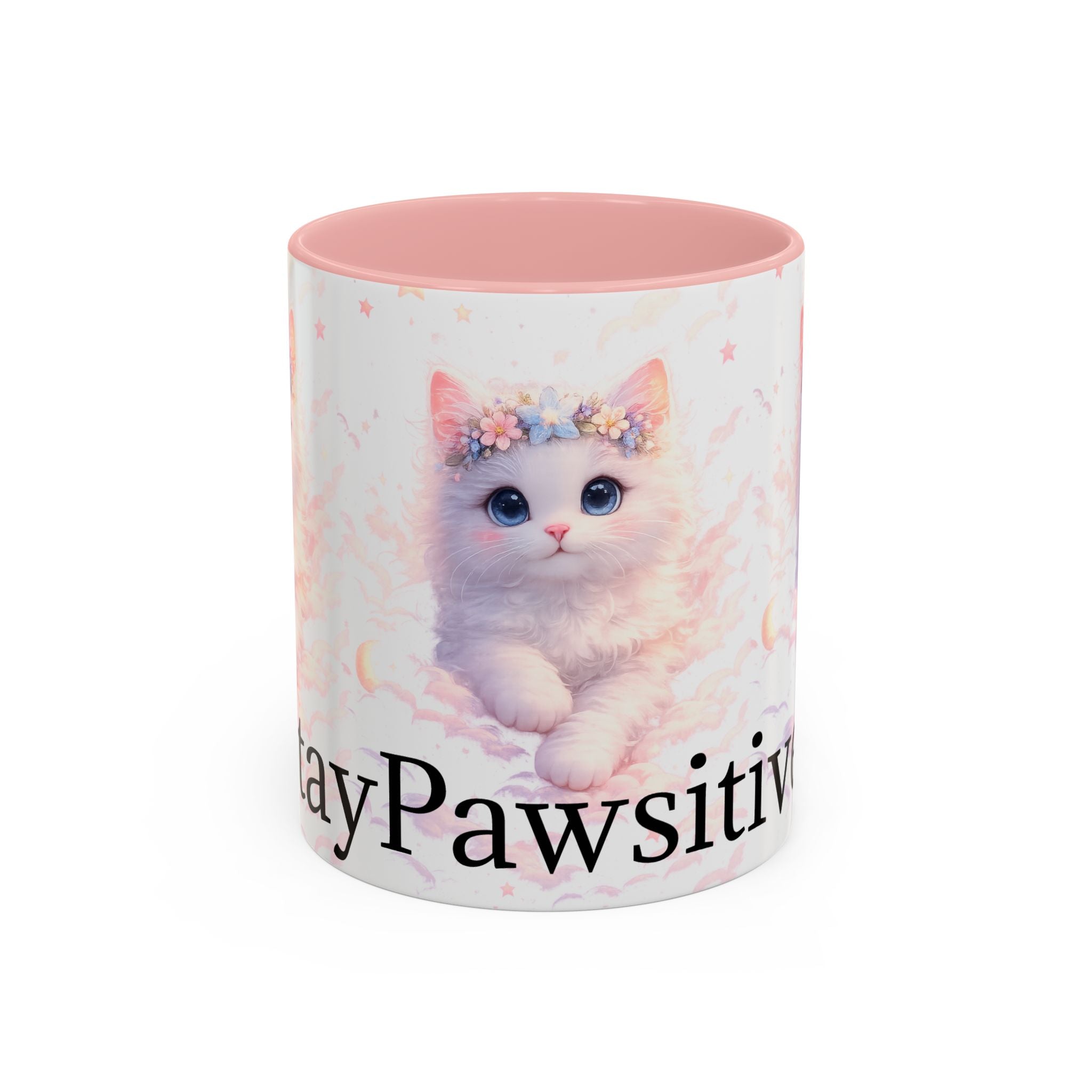Pawsitive Kitten Accent Coffee Mug | Floral Crown Cat, 11oz 15oz
