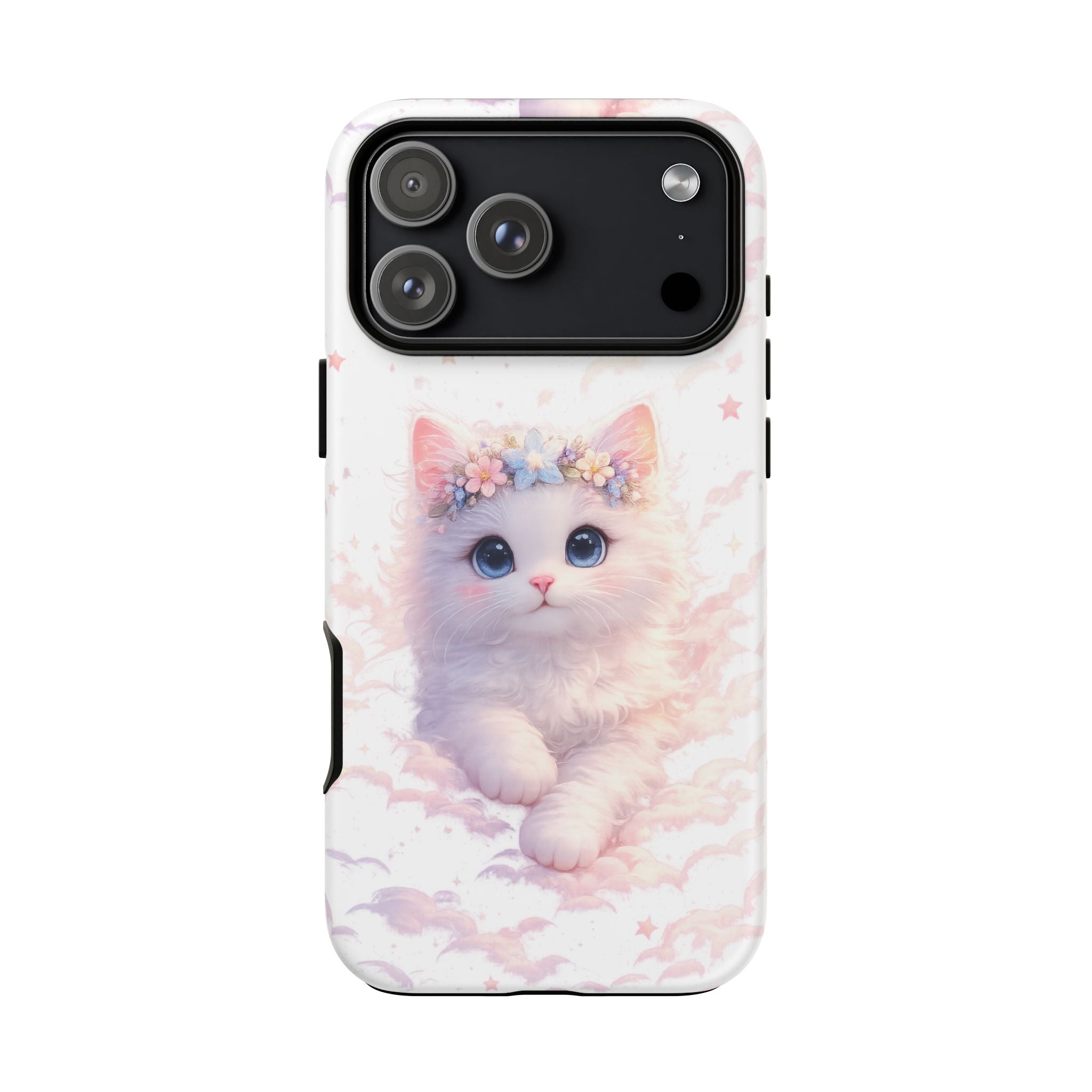 Cute Crowned Kitten Phone Case — Pastel Cloud & Star Protective Case
