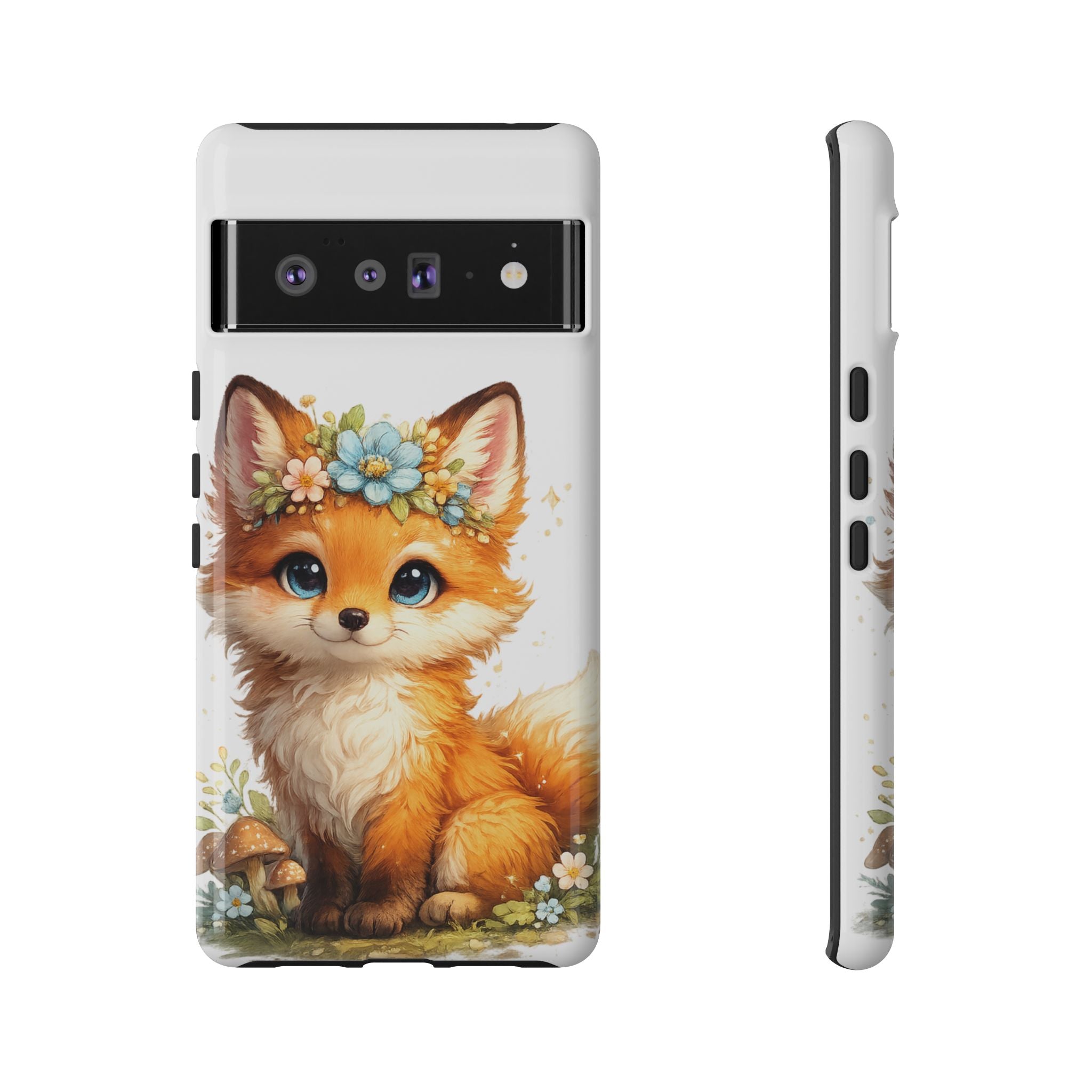 Woodland Fox Cub Phone Case — Protective Tough Case with Floral & Mushroom Art