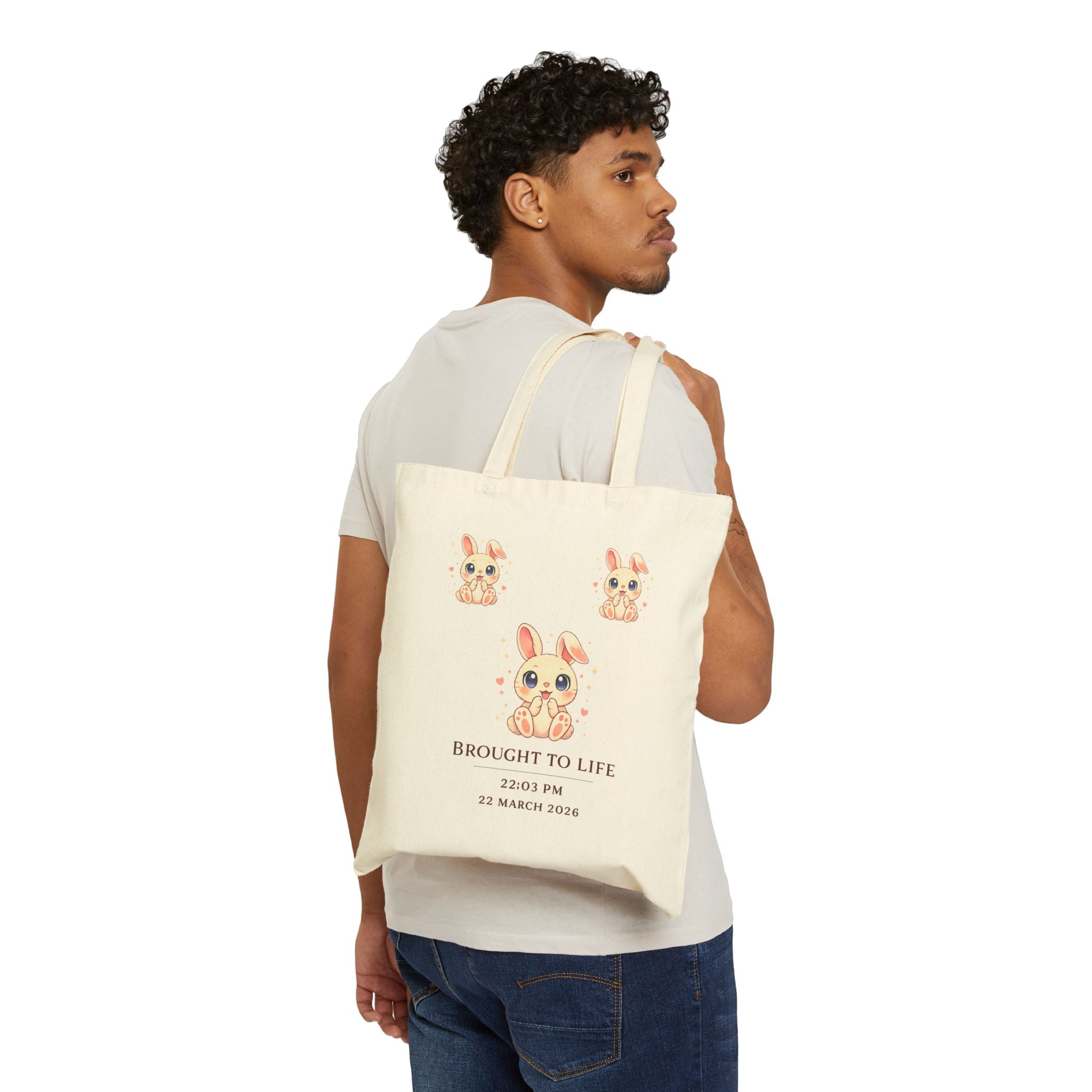 Watercolor Trio Bunnies Tote Bag | Personalized Date & Time Canvas Tote
