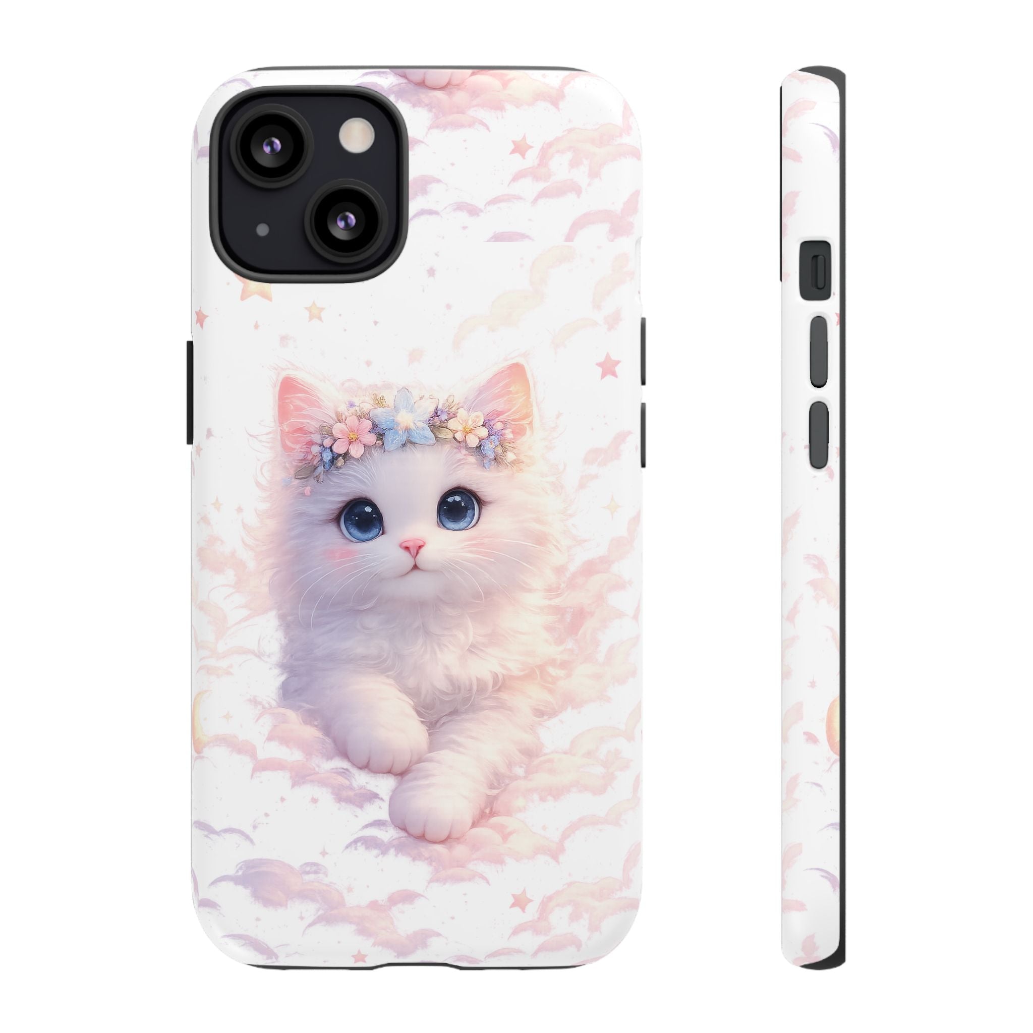 Cute Crowned Kitten Phone Case — Pastel Cloud & Star Protective Case