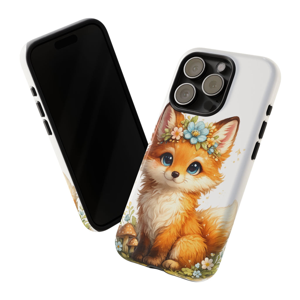 Woodland Fox Cub Phone Case — Protective Tough Case with Floral & Mushroom Art