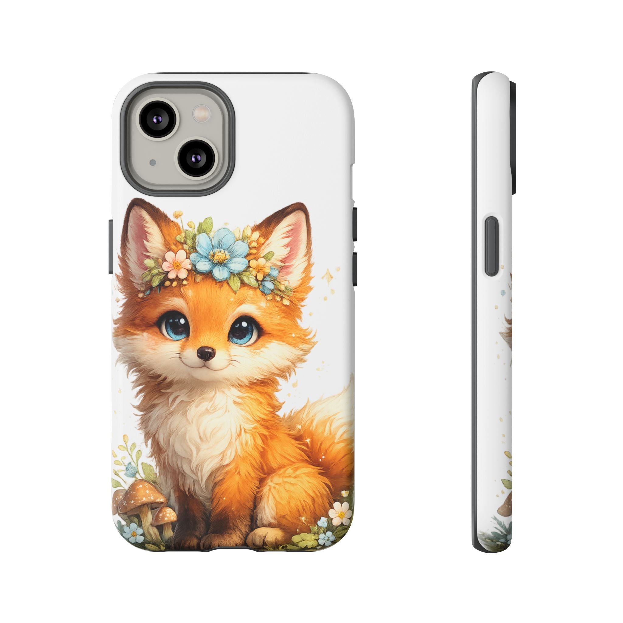 Woodland Fox Cub Phone Case — Protective Tough Case with Floral & Mushroom Art
