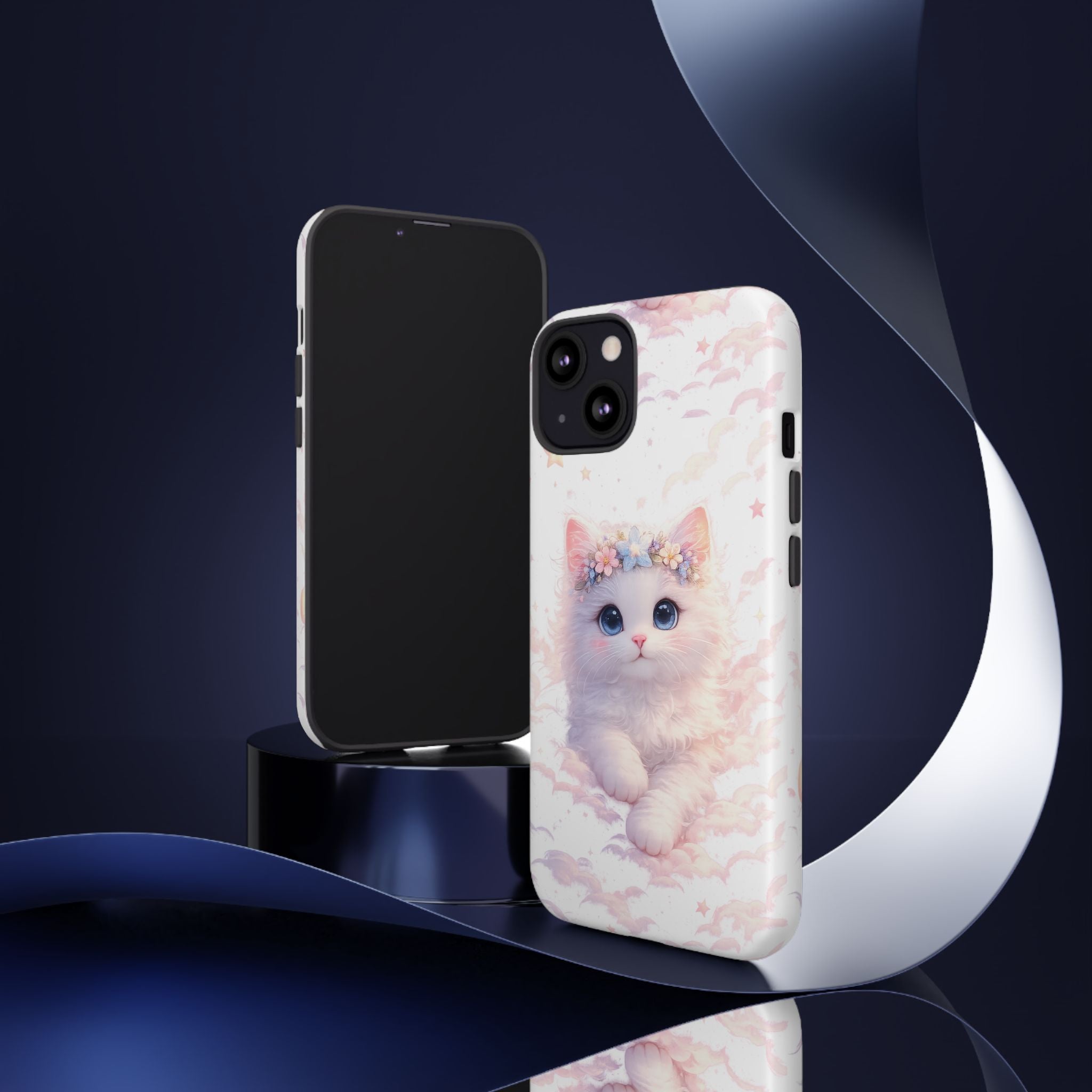 Cute Crowned Kitten Phone Case — Pastel Cloud & Star Protective Case
