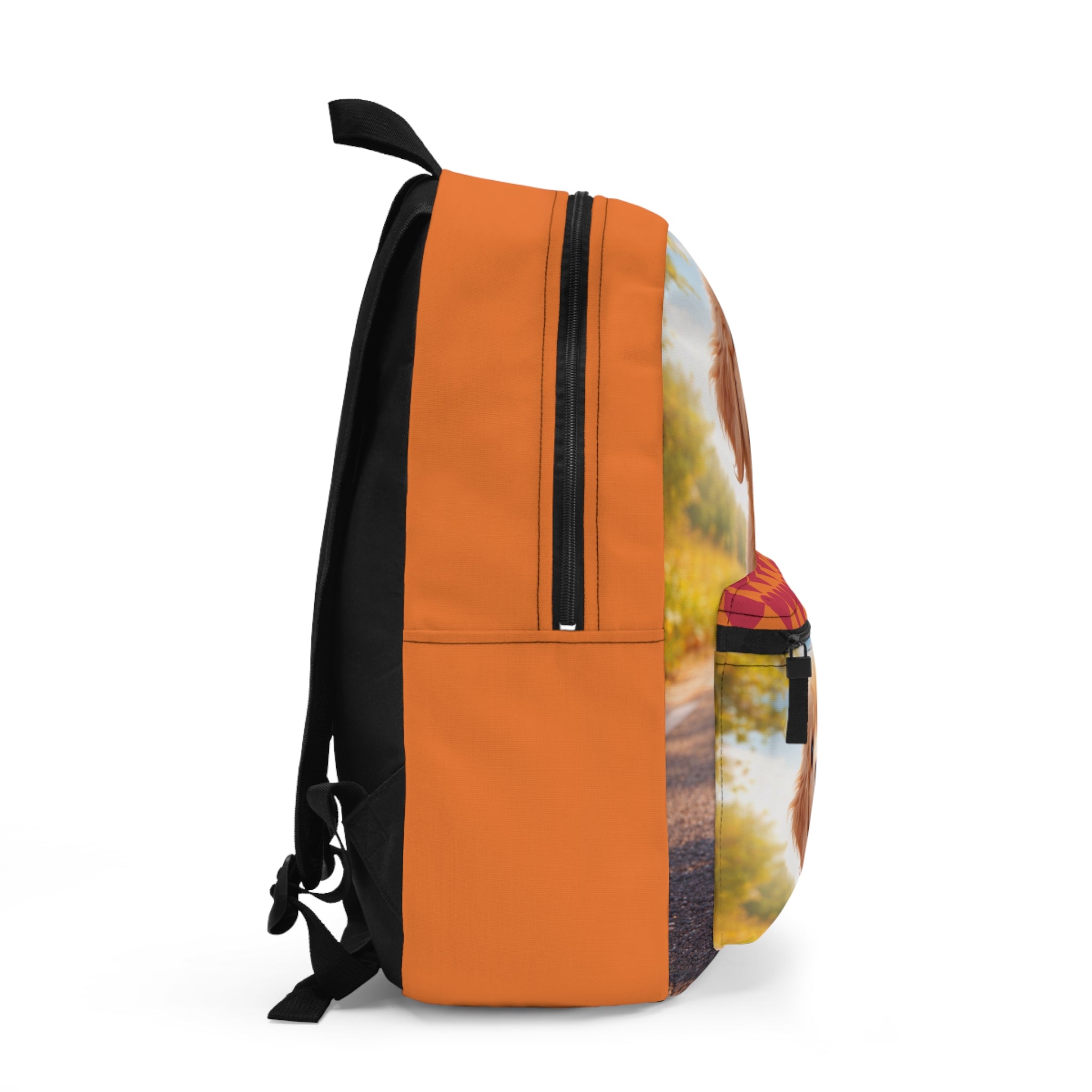 Golden Puppy Print Backpack | Orange Heart Pocket, Lightweight Daypack