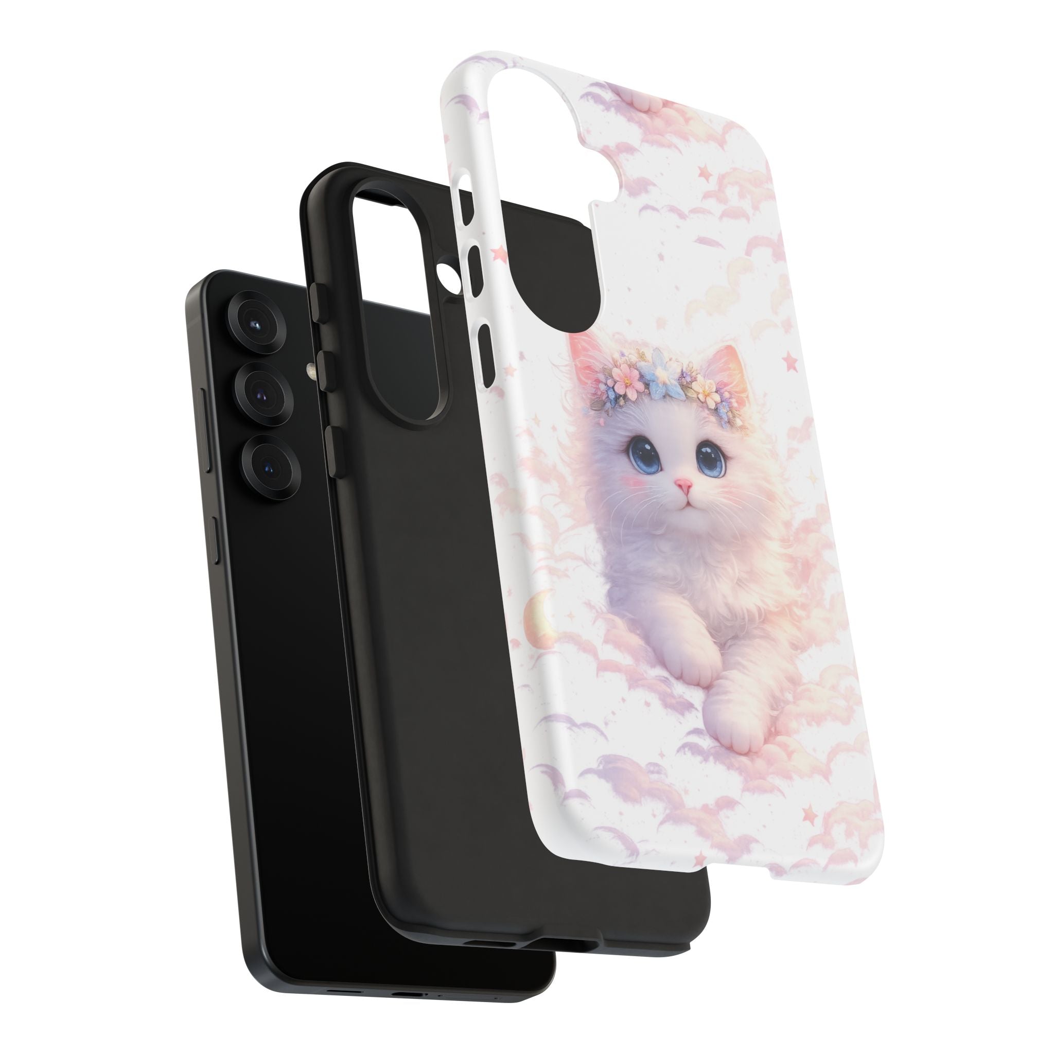 Cute Crowned Kitten Phone Case — Pastel Cloud & Star Protective Case